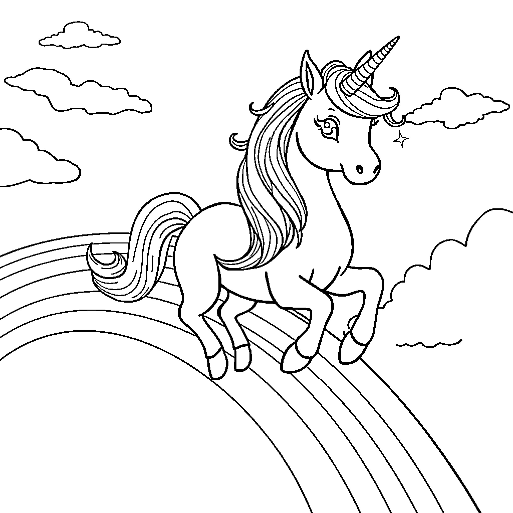 Unicorn Galloping Through Whimsical Landscape Coloring Page (free black-and-white line drawing printable PDF for all, from beginners to advanced learners, including children, teens, adults, and seniors)