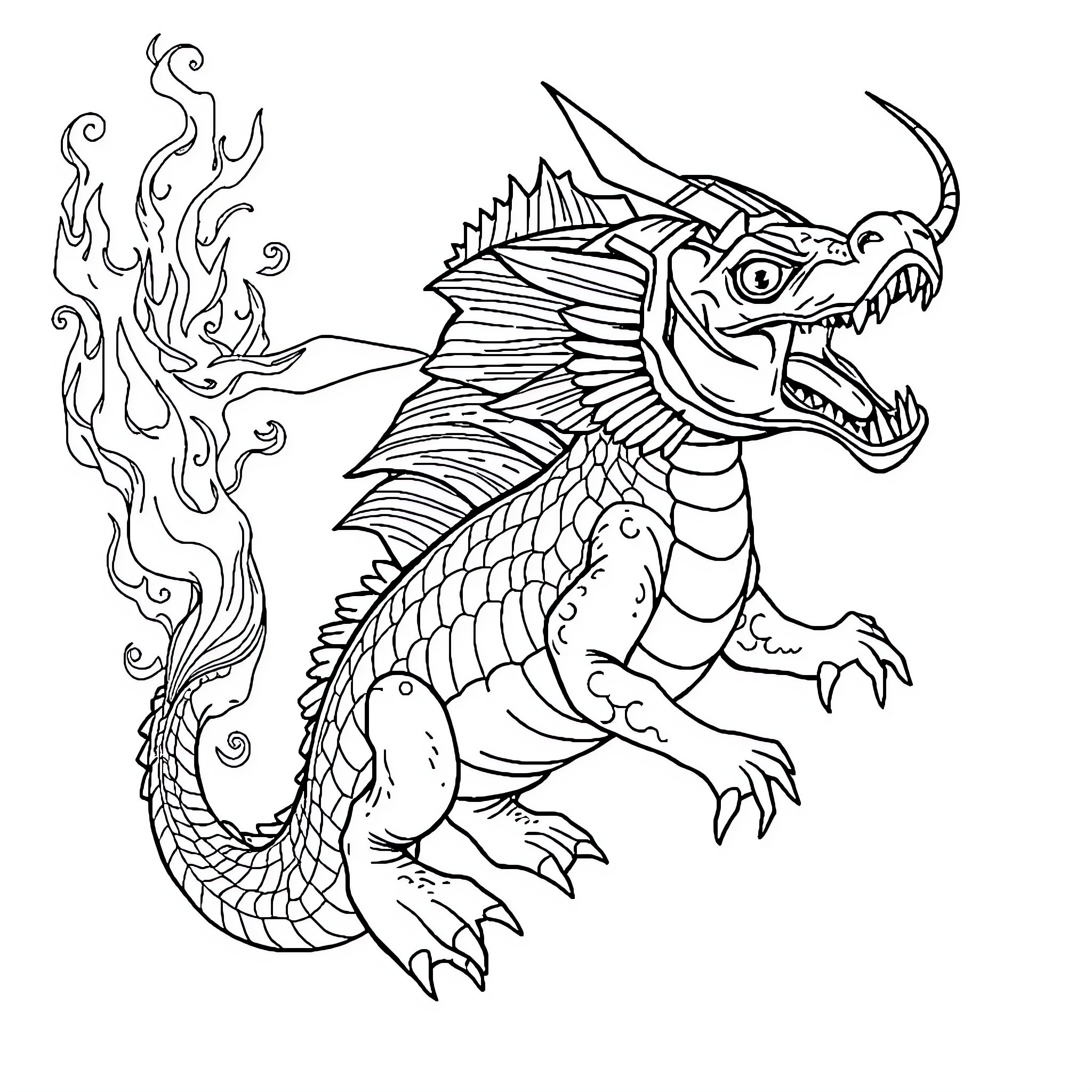 Mahi Mahi Dragon-like Mythical Creature Coloring Page (free black-and-white line drawing printable PDF for all, from beginners to advanced learners, including children, teens, adults, and seniors)