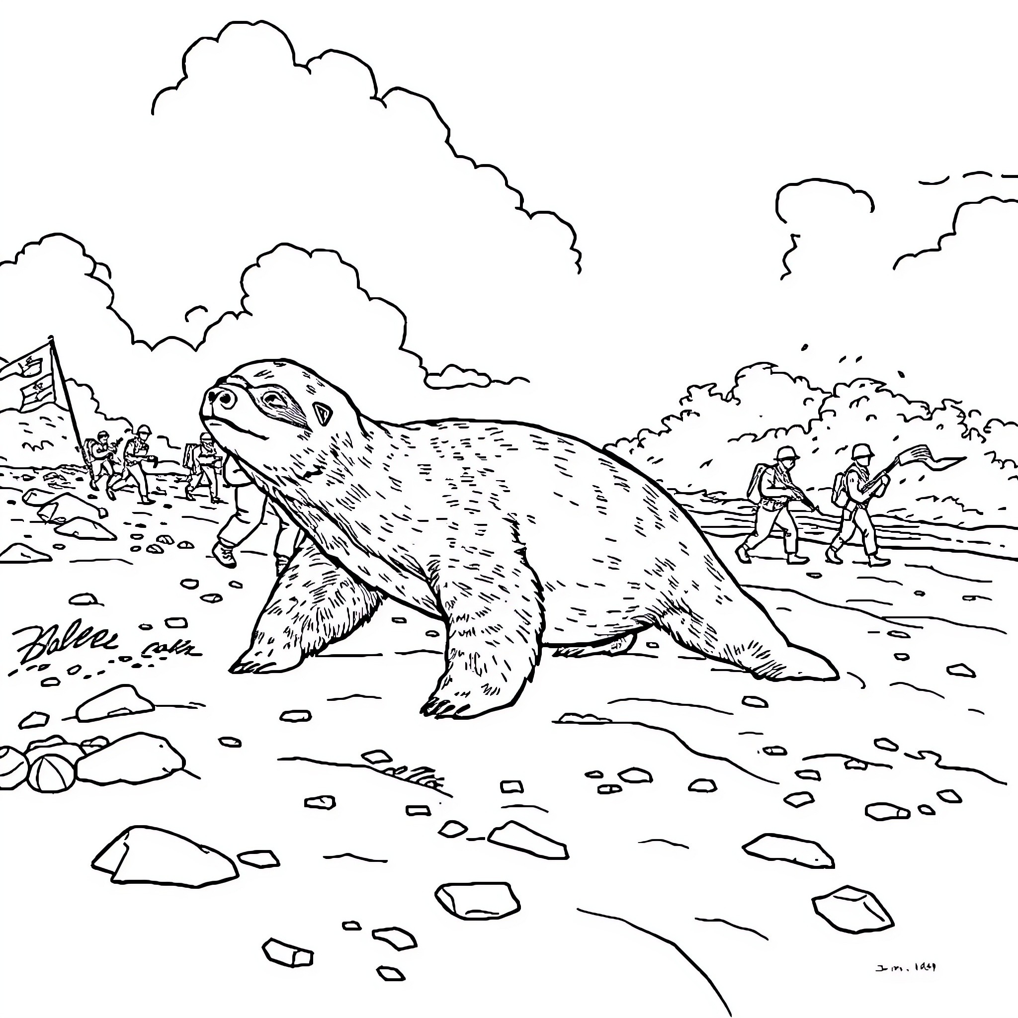 Sloth resting on beach with people in the distance Coloring Page (free black-and-white line drawing printable PDF for all, from beginners to advanced learners, including children, teens, adults, and seniors)