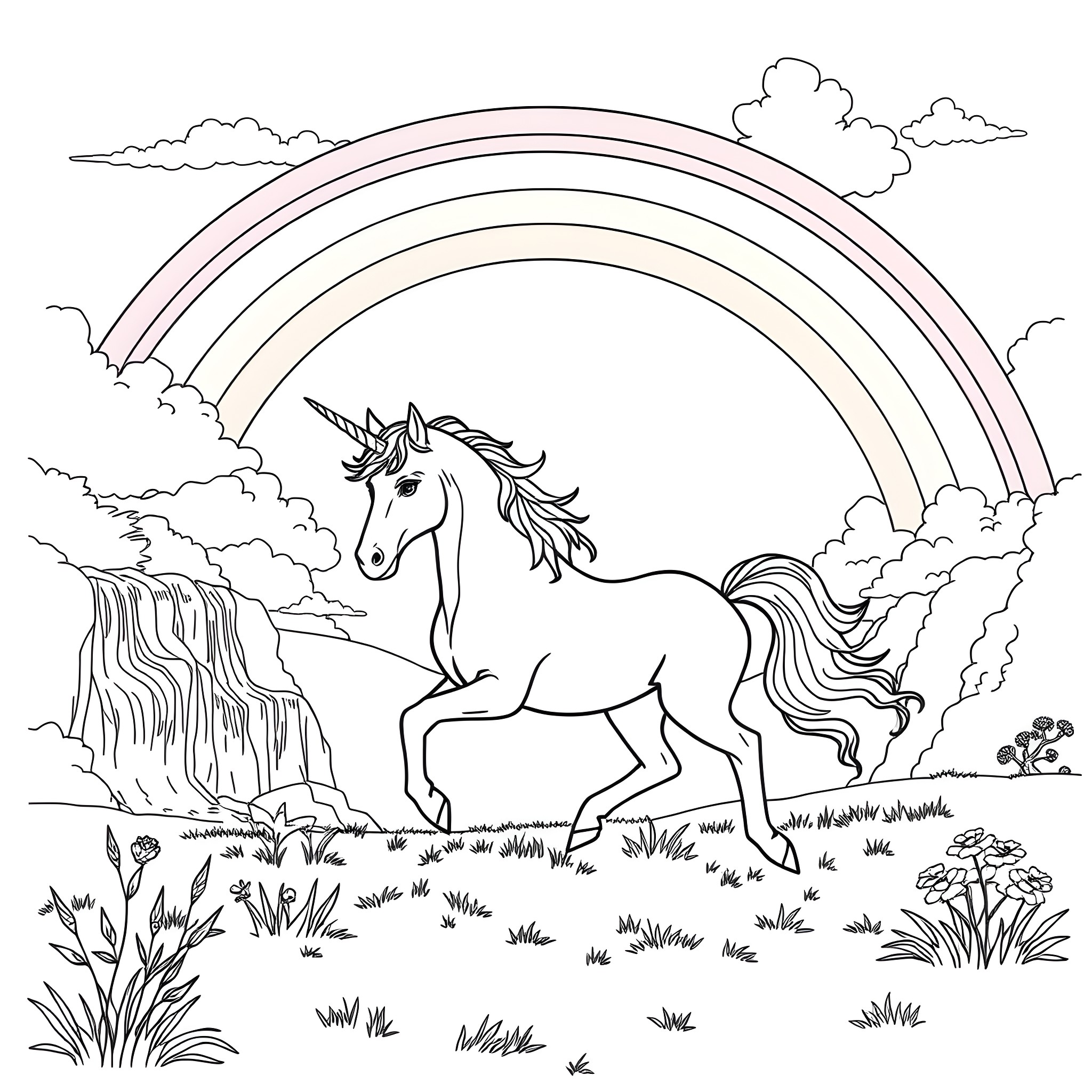 Unicorn galloping in a magical landscape with rainbow Coloring Page (free black-and-white line drawing printable PDF for all, from beginners to advanced learners, including children, teens, adults, and seniors)