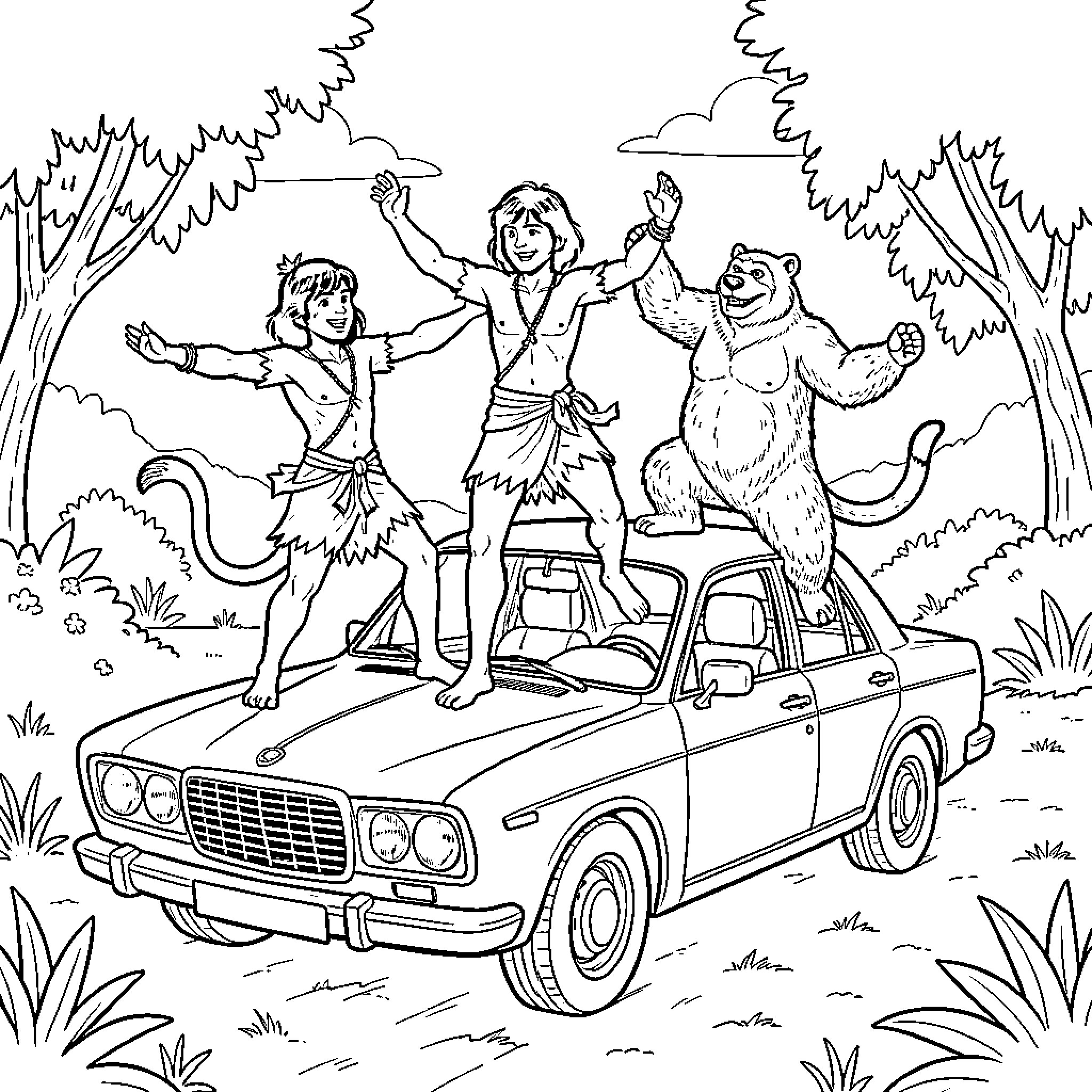 Mowgli dancing joyfully with Baloo on a car Coloring Page (free black-and-white line drawing printable PDF for all, from beginners to advanced learners, including children, teens, adults, and seniors)