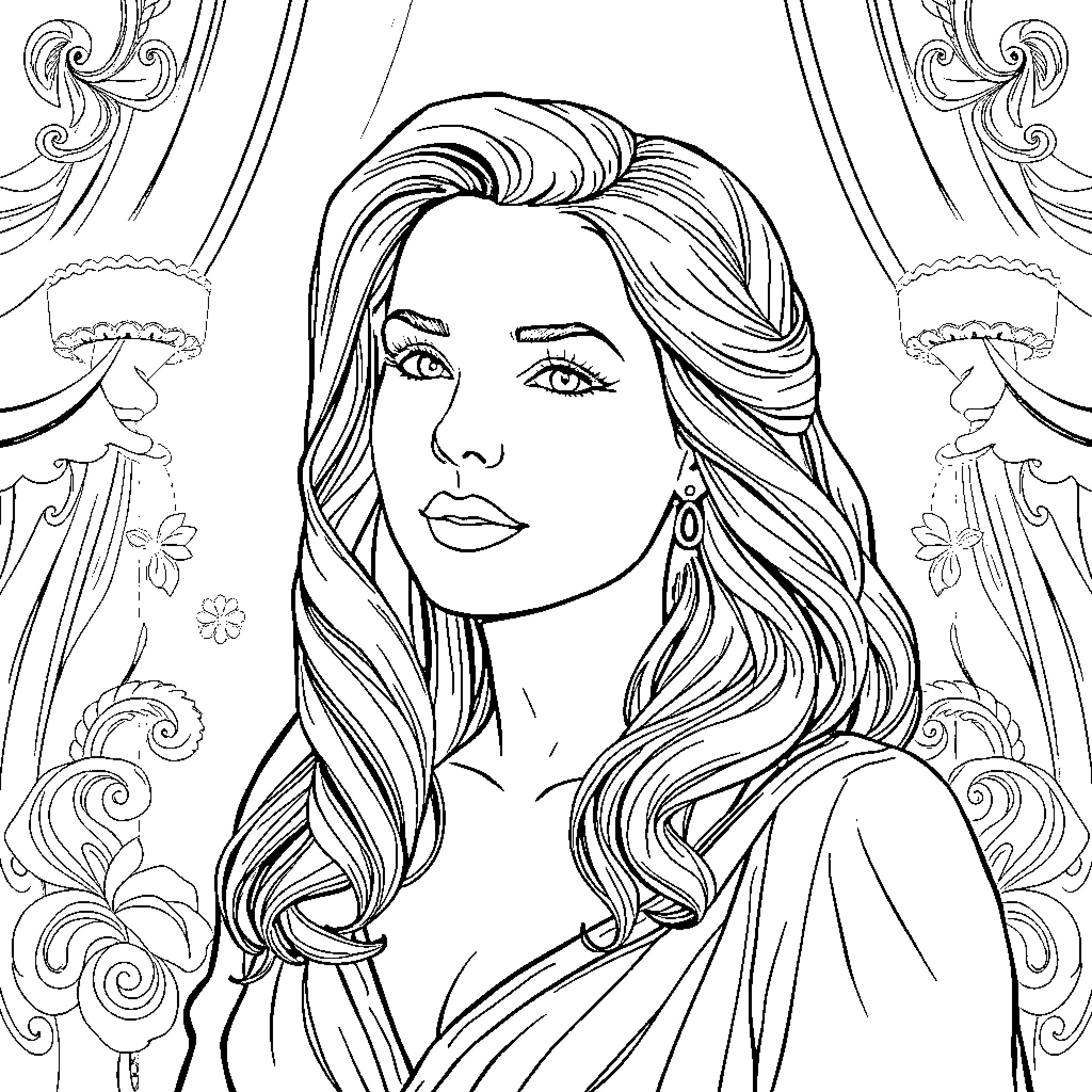 Angela White in Elegant Monochrome Portrait Coloring Page (free black-and-white line drawing printable PDF for all, from beginners to advanced learners, including children, teens, adults, and seniors)