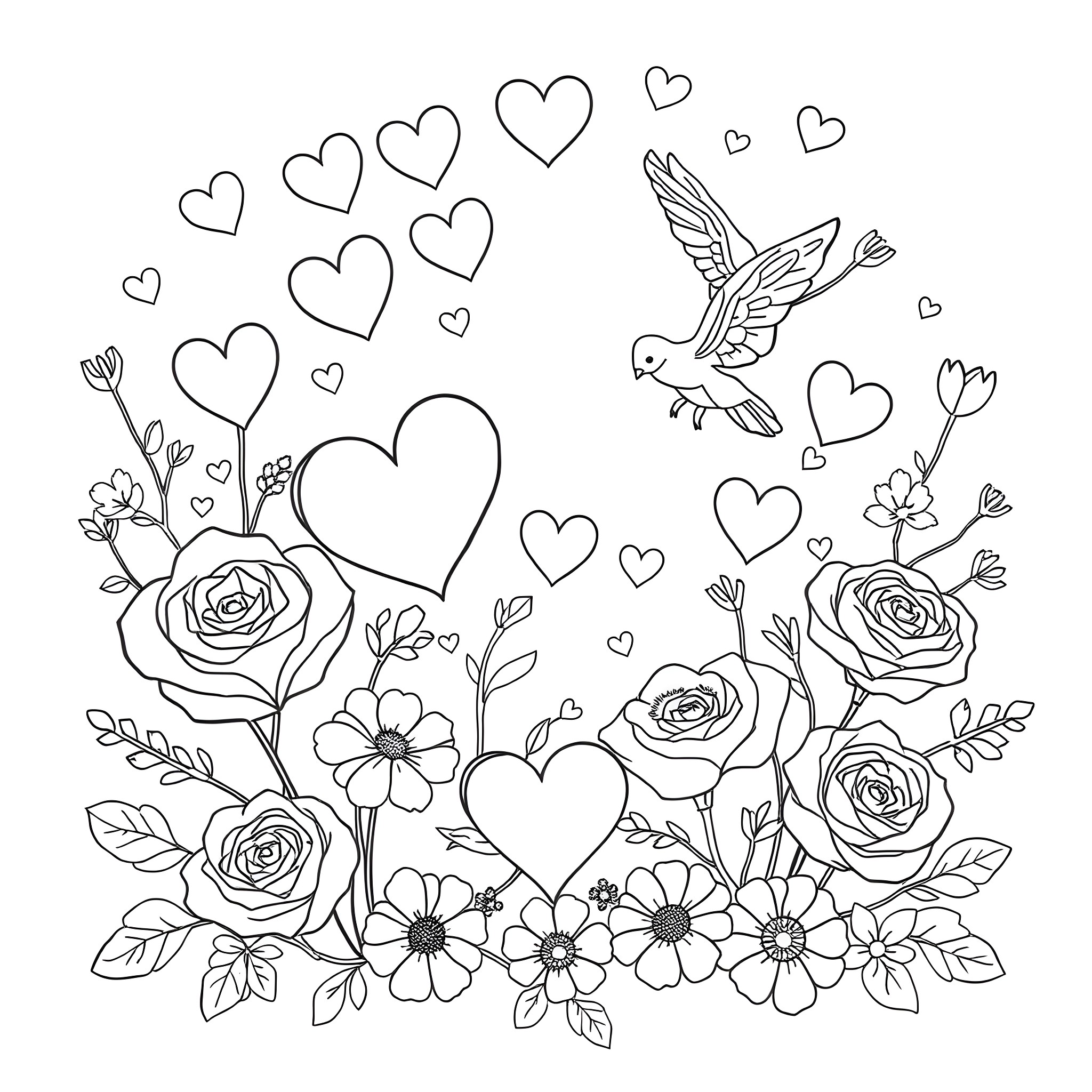 Valentine's Romantic Floral Scene with Hearts and Lovebird Coloring Page (free black-and-white line drawing printable PDF for all, from beginners to advanced learners, including children, teens, adults, and seniors)