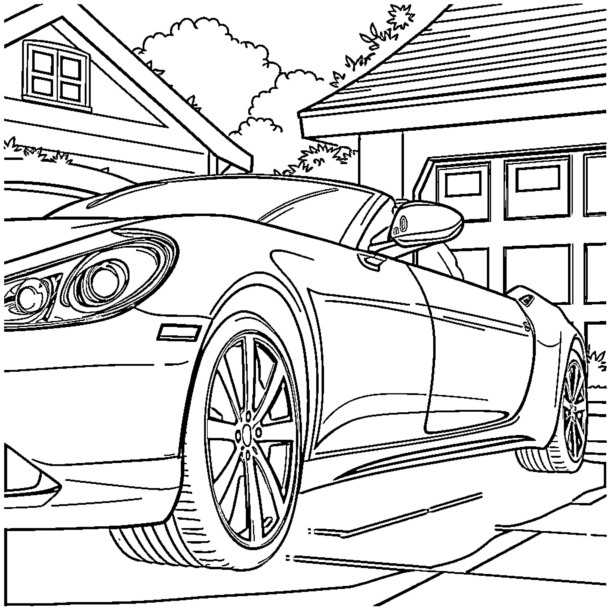 Car parked in front of a house Coloring Page (free black-and-white line drawing printable PDF for all, from beginners to advanced learners, including children, teens, adults, and seniors)