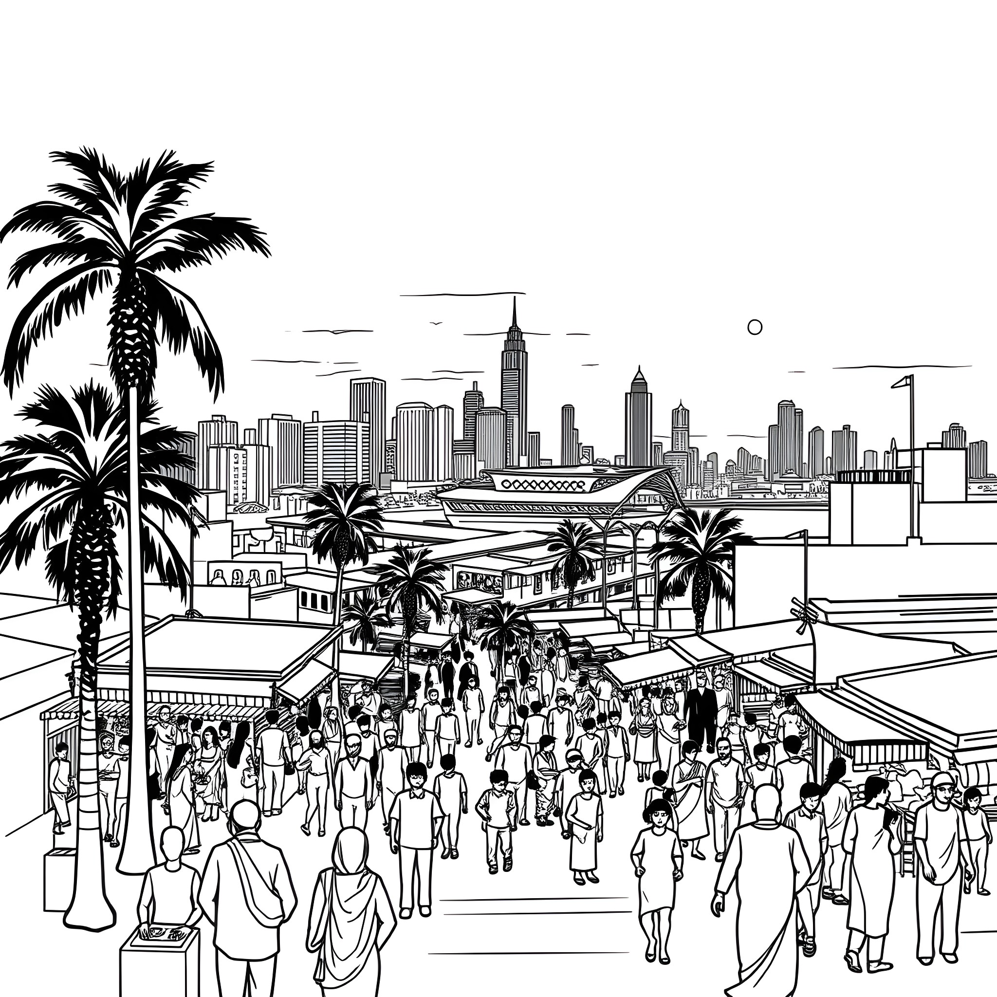 Karachi city life bustling with people and palm trees Coloring Page (free black-and-white line drawing printable PDF for all, from beginners to advanced learners, including children, teens, adults, and seniors)