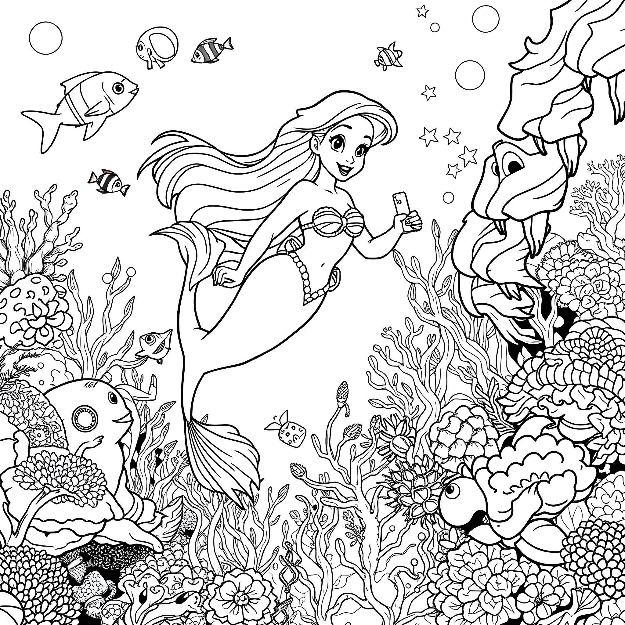 Ariel exploring the magical underwater world Coloring Page (free black-and-white line drawing printable PDF for all, from beginners to advanced learners, including children, teens, adults, and seniors)