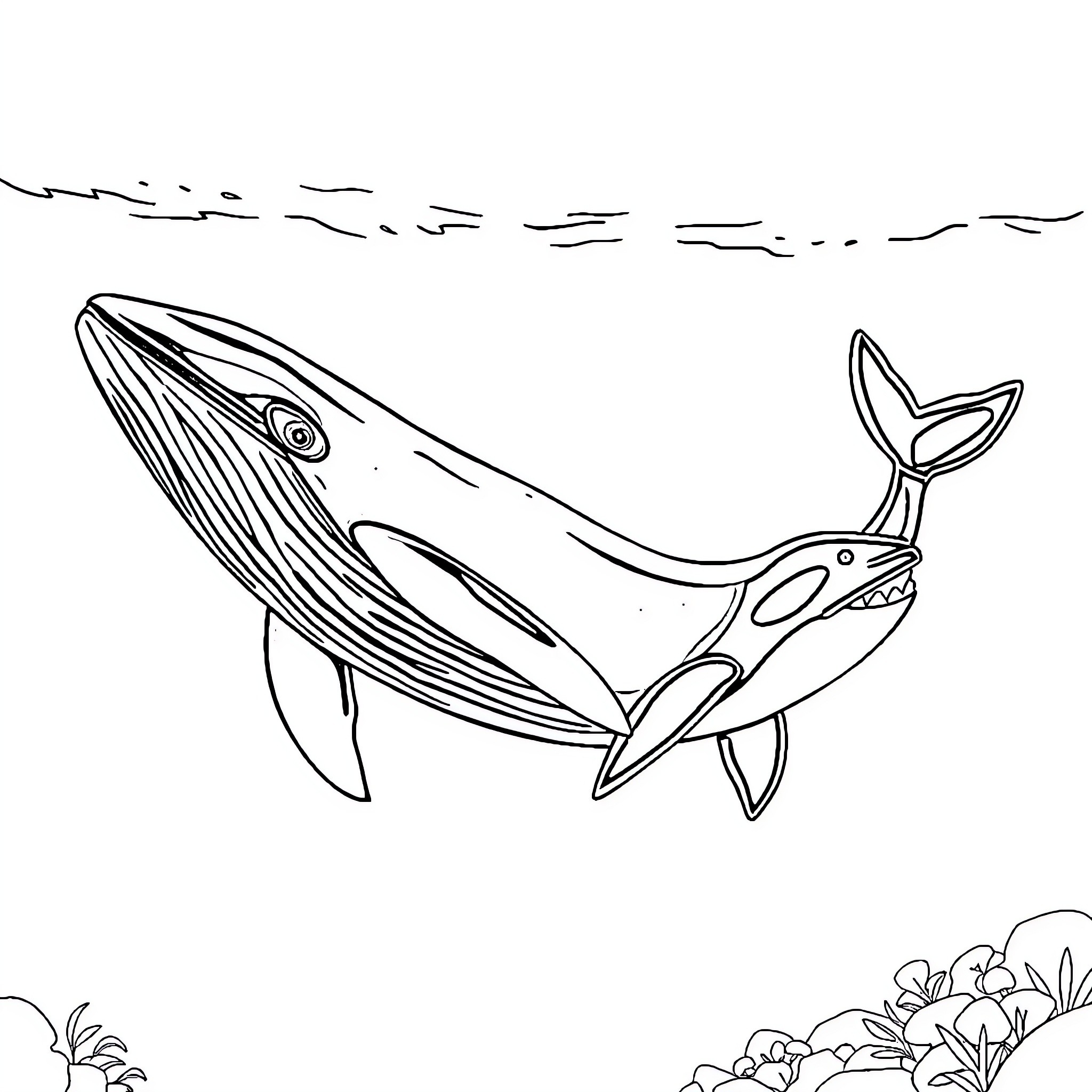 Sperm Whale Swimming Through the Ocean Coloring Page (free black-and-white line drawing printable PDF for all, from beginners to advanced learners, including children, teens, adults, and seniors)
