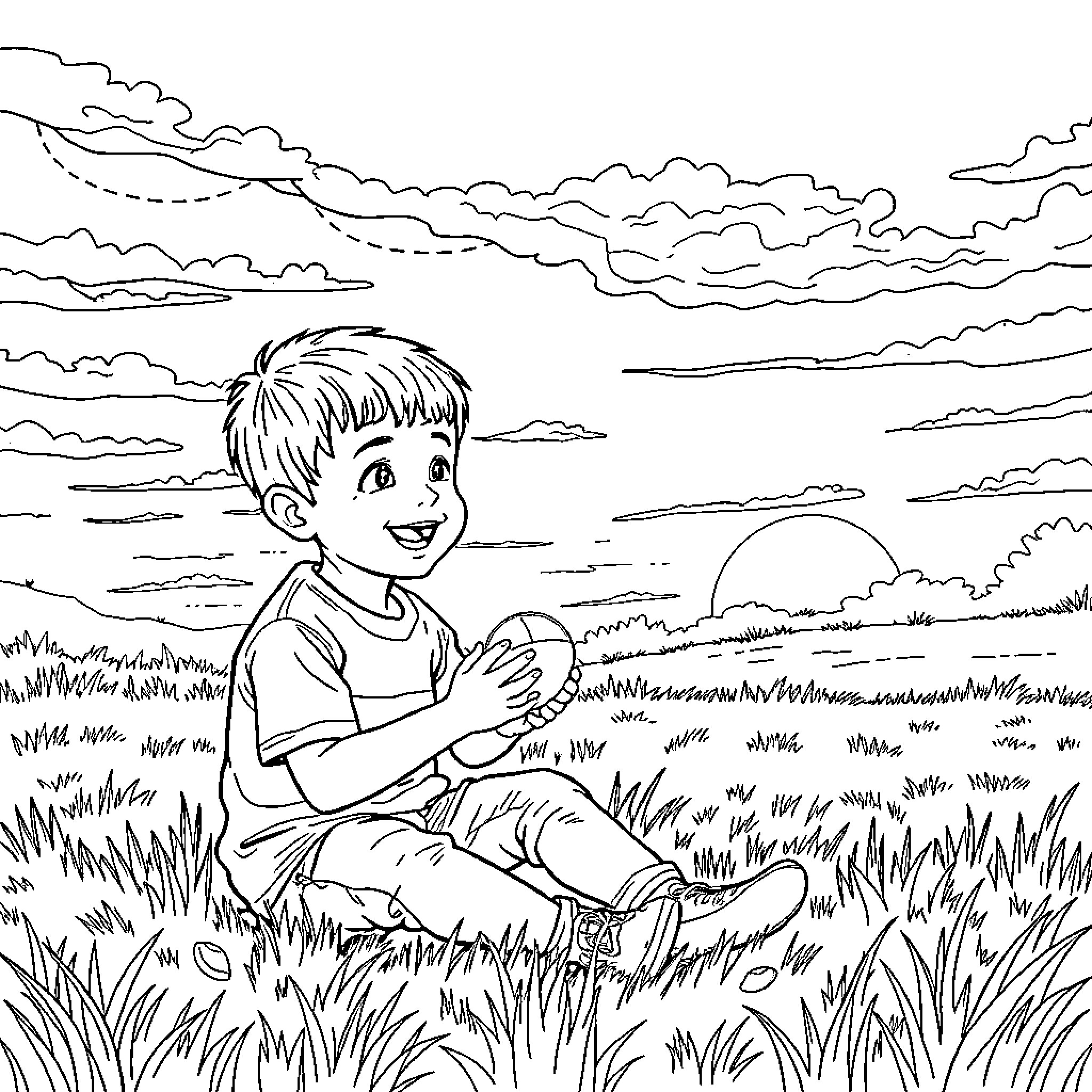 Boy sitting peacefully in the grassy field Coloring Page (free black-and-white line drawing printable PDF for all, from beginners to advanced learners, including children, teens, adults, and seniors)