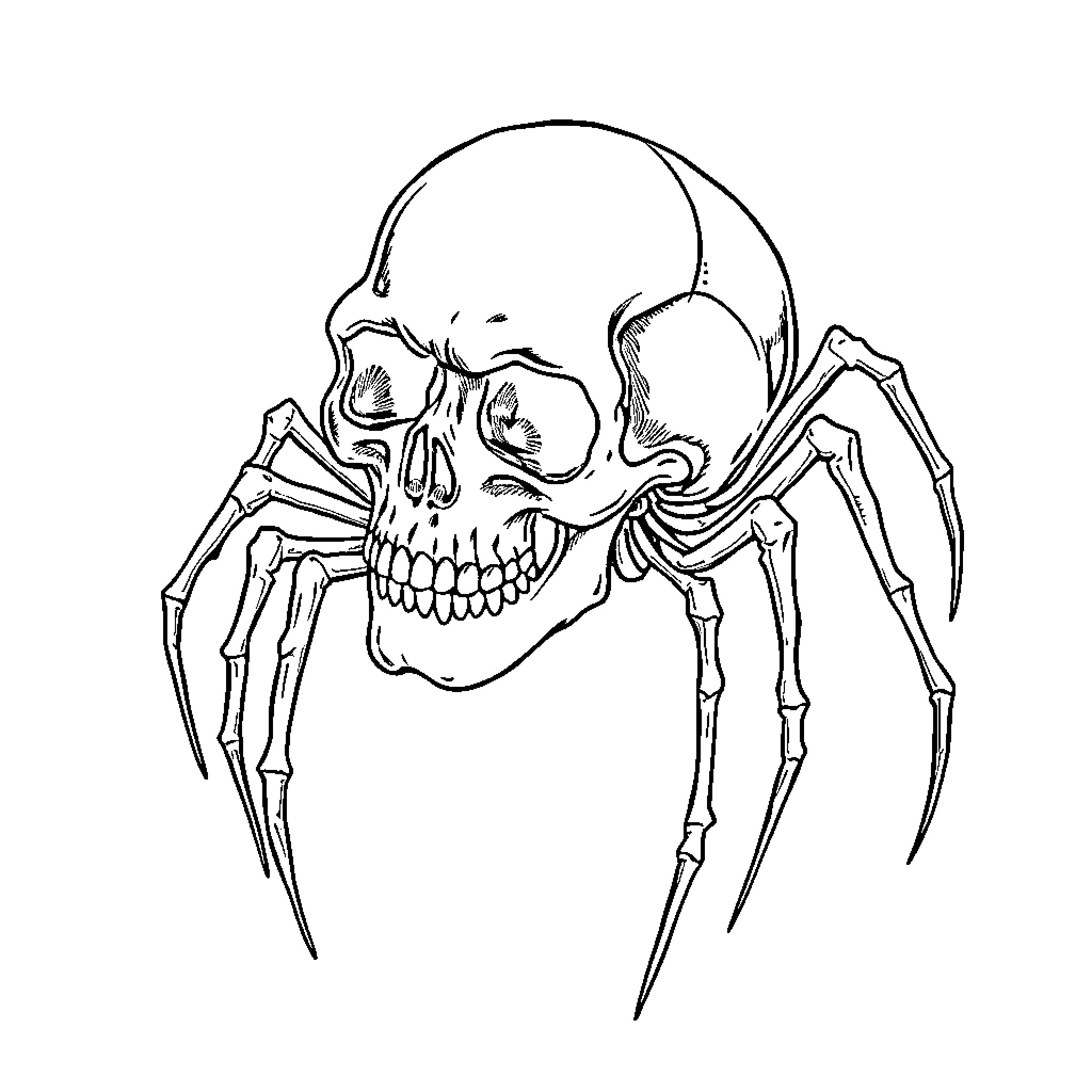 Skeleton spider with a menacing expression Coloring Page (free black-and-white line drawing printable PDF for all, from beginners to advanced learners, including children, teens, adults, and seniors)