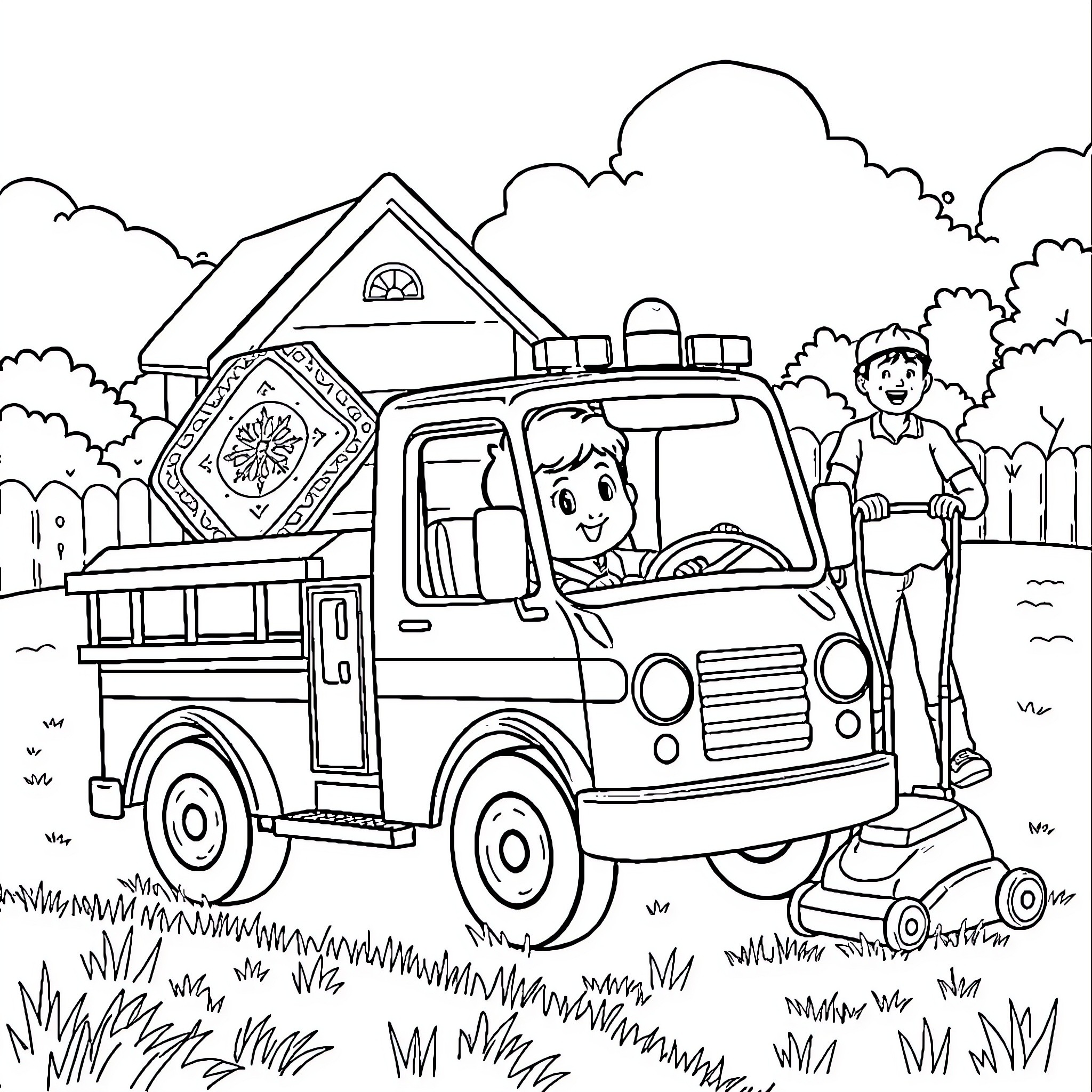 Boy mows the lawn with his toy truck Coloring Page (free black-and-white line drawing printable PDF for all, from beginners to advanced learners, including children, teens, adults, and seniors)
