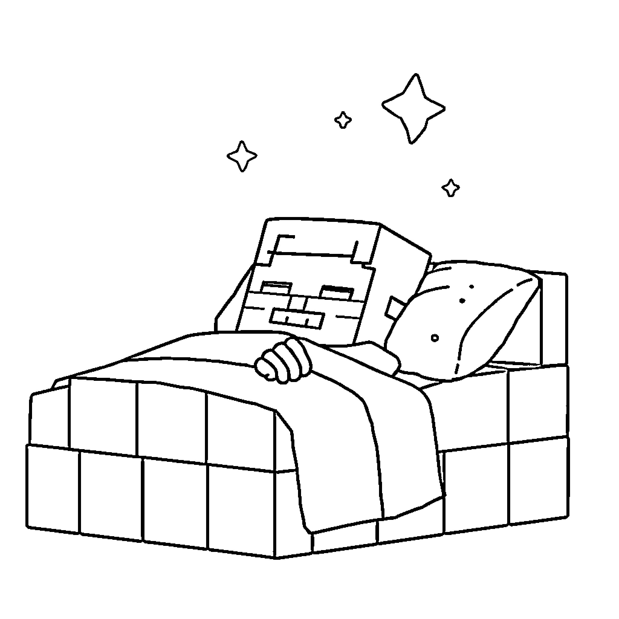 Minecraft Character sleeping in a cozy bed Coloring Page (free black-and-white line drawing printable PDF for all, from beginners to advanced learners, including children, teens, adults, and seniors)