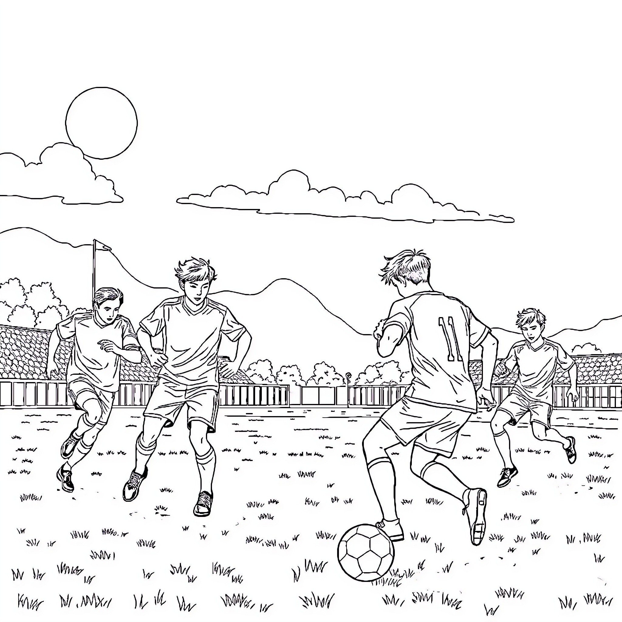 K Pop Soccer Players Enjoying the Game on the Field Coloring Page (free black-and-white line drawing printable PDF for all, from beginners to advanced learners, including children, teens, adults, and seniors)