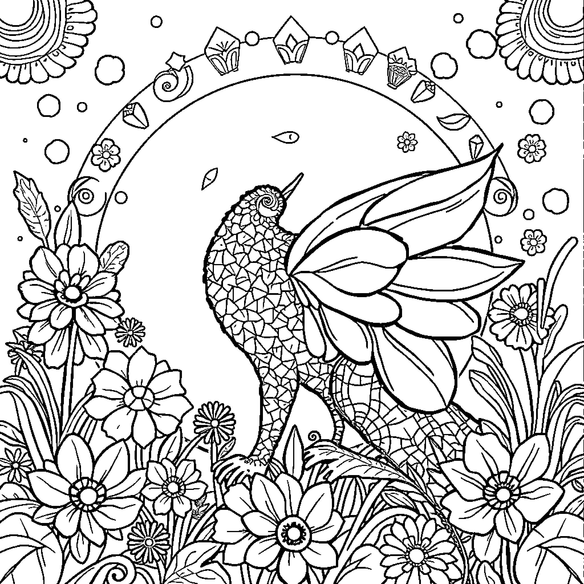Drawing Ideas - Decorative bird in a floral scene Coloring Page (free black-and-white line drawing printable PDF for all, from beginners to advanced learners, including children, teens, adults, and seniors)