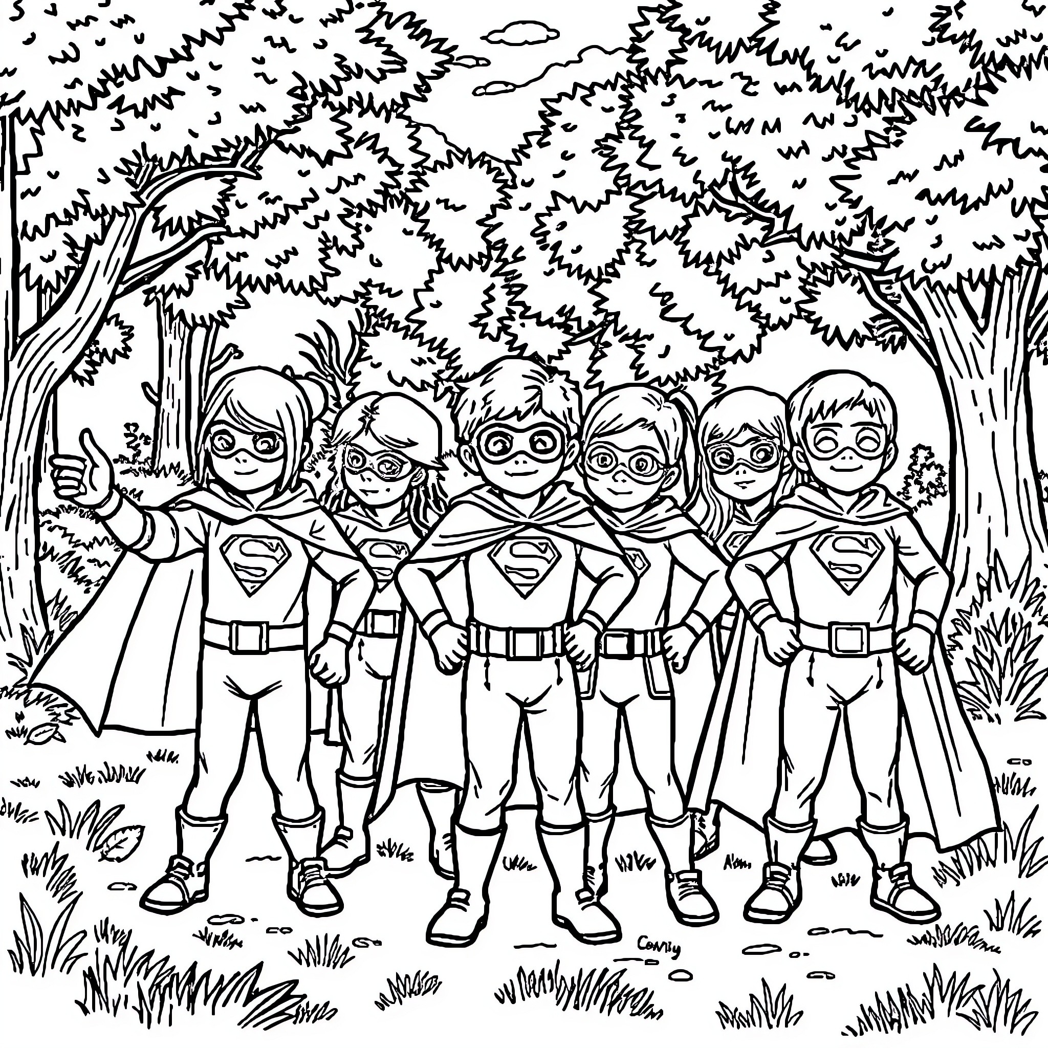 Superhero team in the forest Coloring Page (free black-and-white line drawing printable PDF for all, from beginners to advanced learners, including children, teens, adults, and seniors)