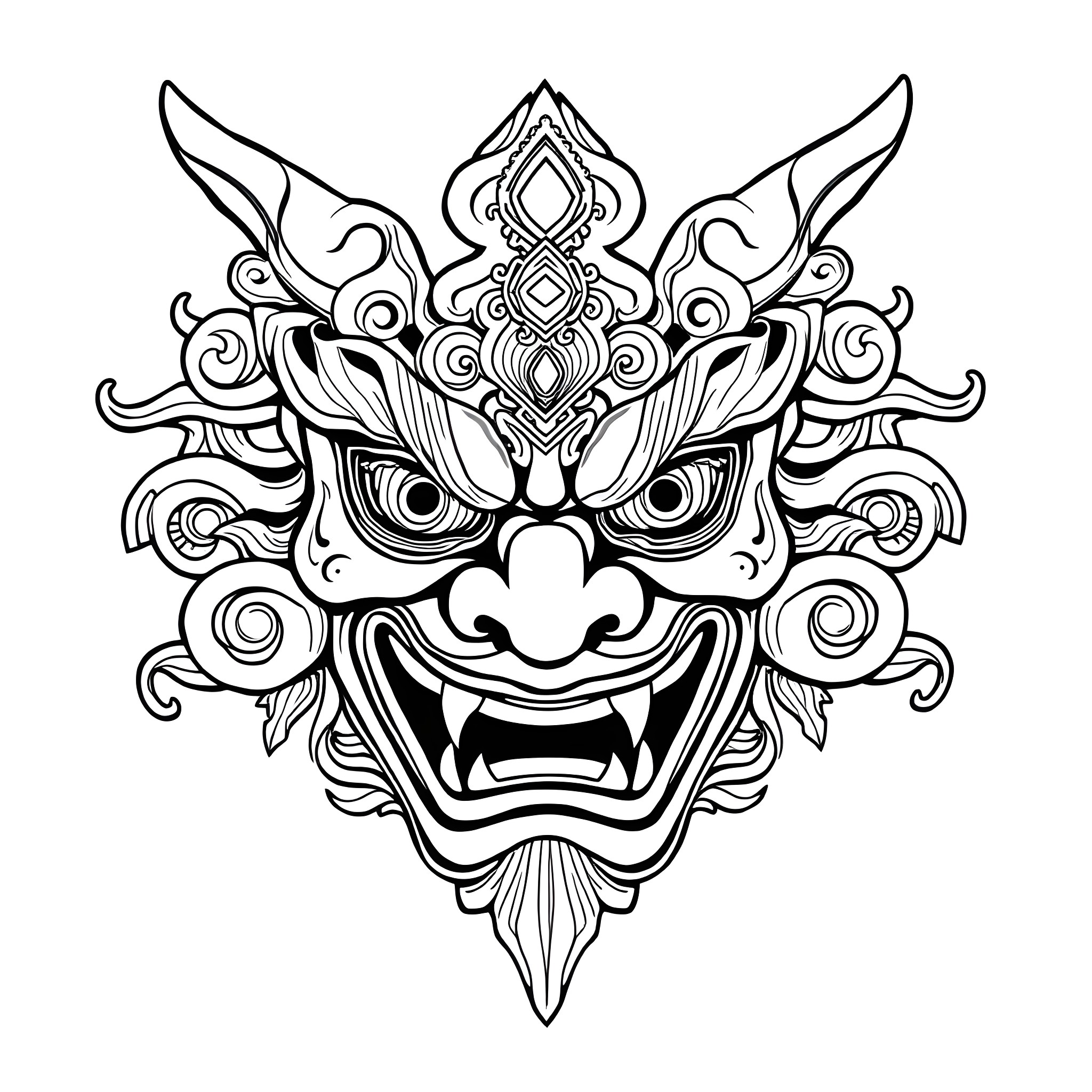Hanya Mask Depicting Fierce Demonic Expression Coloring Page (free black-and-white line drawing printable PDF for all, from beginners to advanced learners, including children, teens, adults, and seniors)