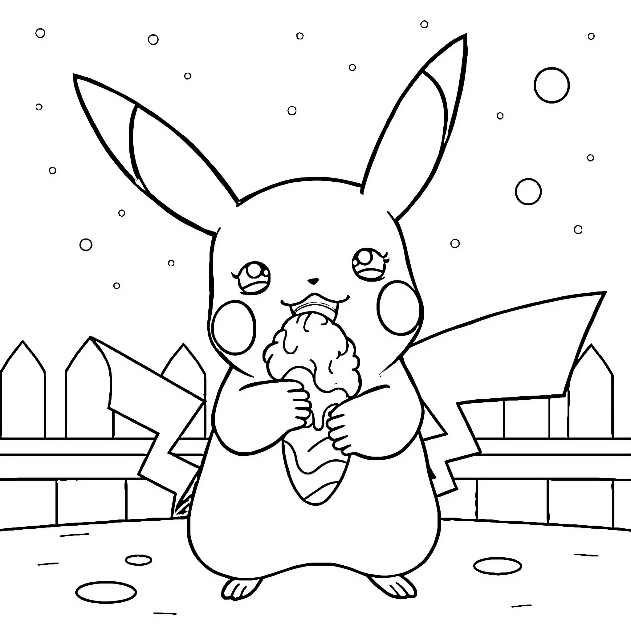 Pikachu enjoying a snack in the city Coloring Page (free black-and-white line drawing printable PDF for all, from beginners to advanced learners, including children, teens, adults, and seniors)