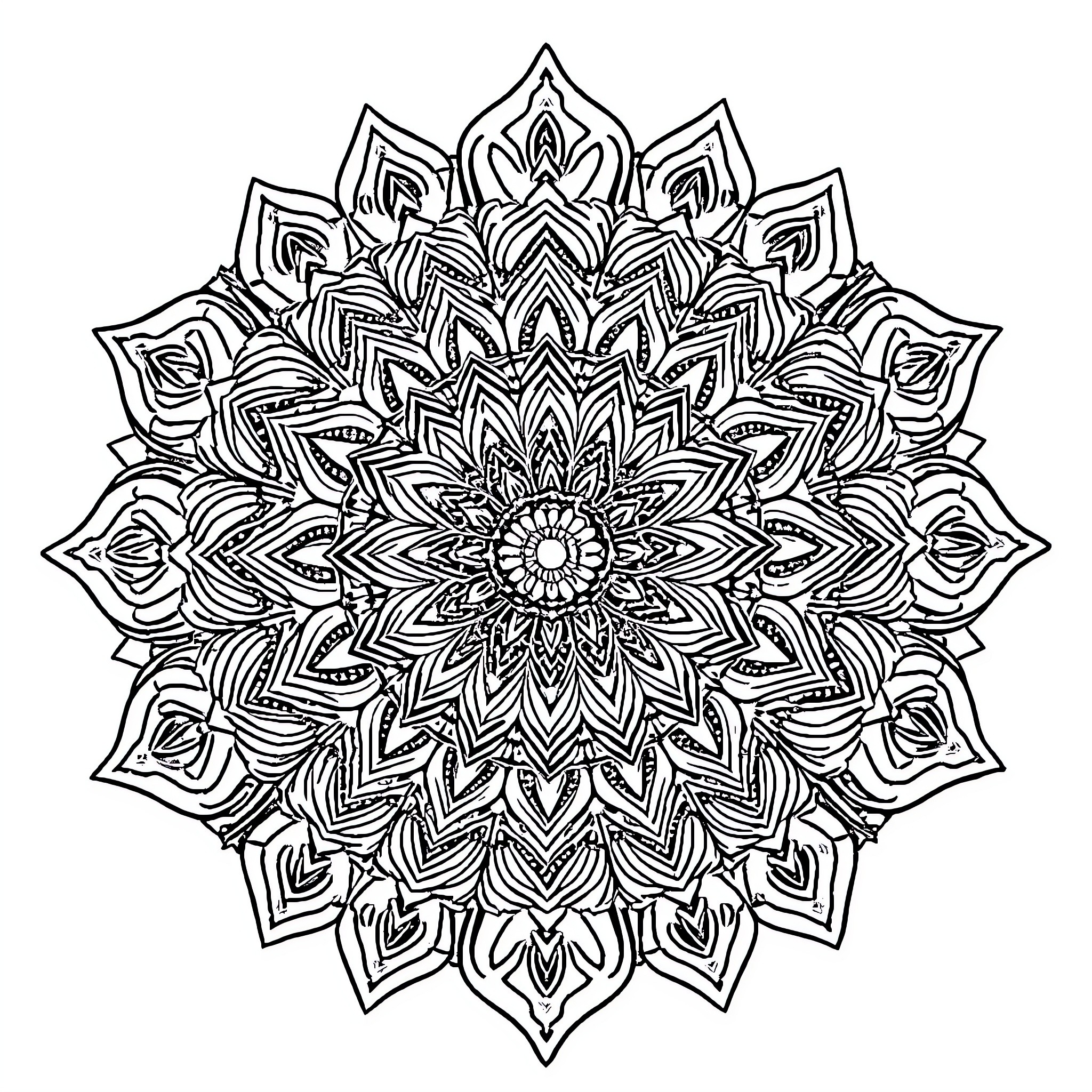 Mandala of intricate floral patterns Coloring Page (free black-and-white line drawing printable PDF for all, from beginners to advanced learners, including children, teens, adults, and seniors)