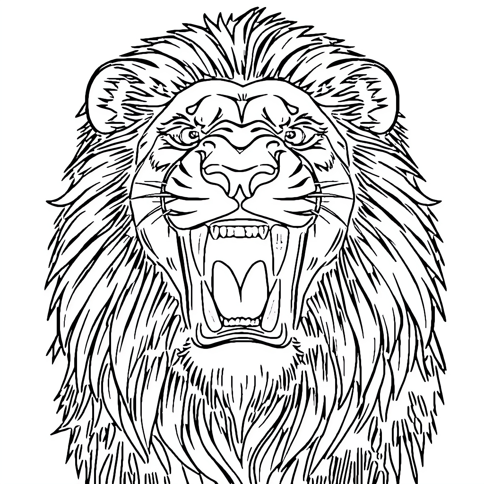 Lion's Fierce Roar and Flowing Mane Coloring Page (free black-and-white line drawing printable PDF for all, from beginners to advanced learners, including children, teens, adults, and seniors)