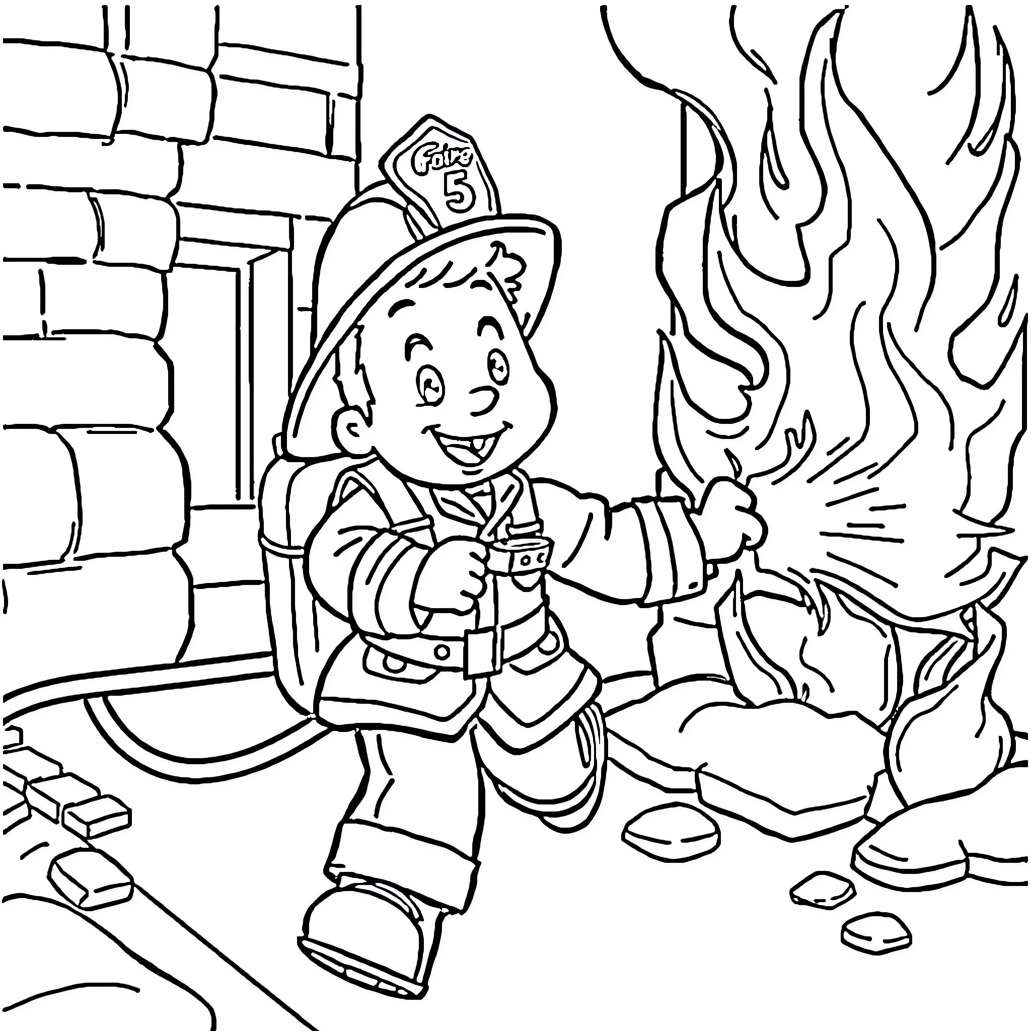 Fireman extinguishing a fire in the building Coloring Page (free black-and-white line drawing printable PDF for all, from beginners to advanced learners, including children, teens, adults, and seniors)