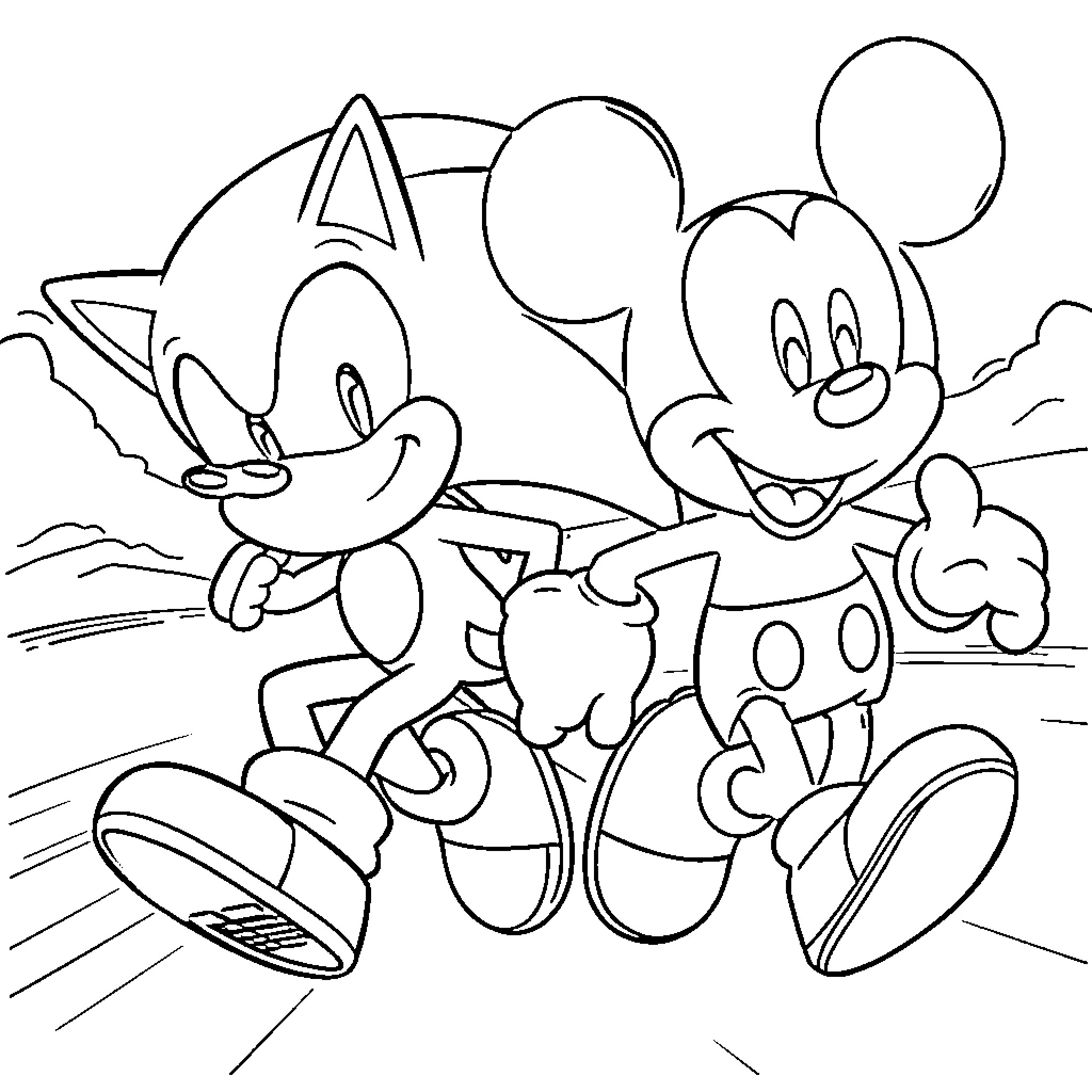 Sonic and Mickey Mouse Enjoying the Outdoors Coloring Page (free black-and-white line drawing printable PDF for all, from beginners to advanced learners, including children, teens, adults, and seniors)