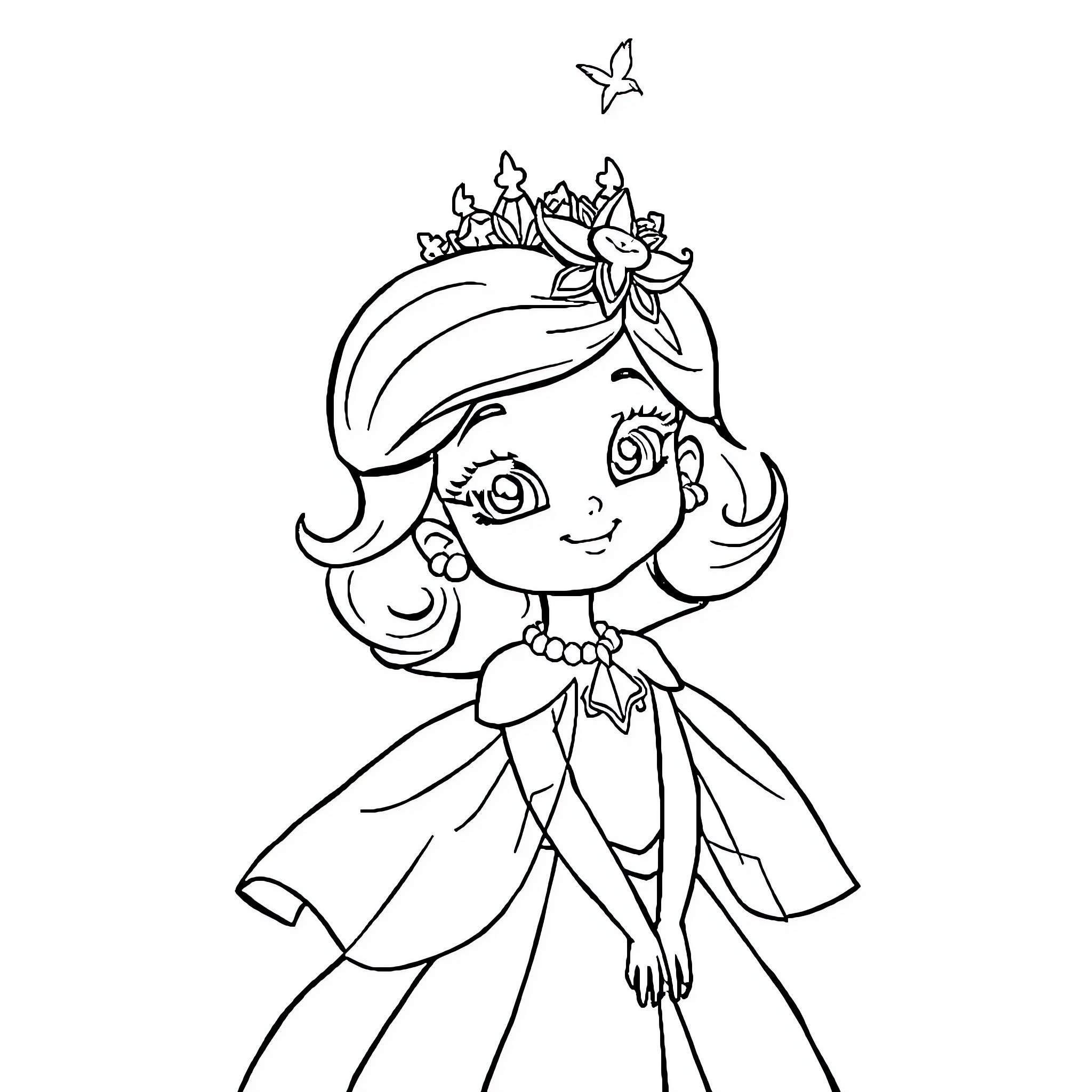 Girl in princess dress with floral crown Coloring Page (free black-and-white line drawing printable PDF for all, from beginners to advanced learners, including children, teens, adults, and seniors)
