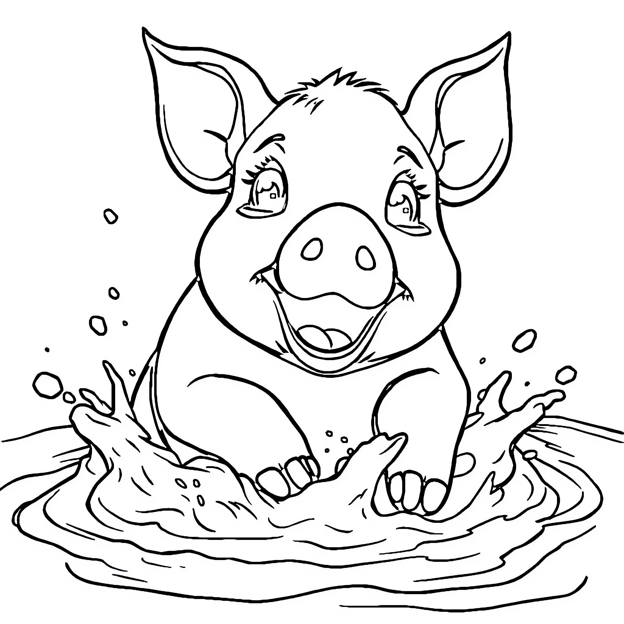 Pig playing joyfully in the mud Coloring Page (free black-and-white line drawing printable PDF for all, from beginners to advanced learners, including children, teens, adults, and seniors)