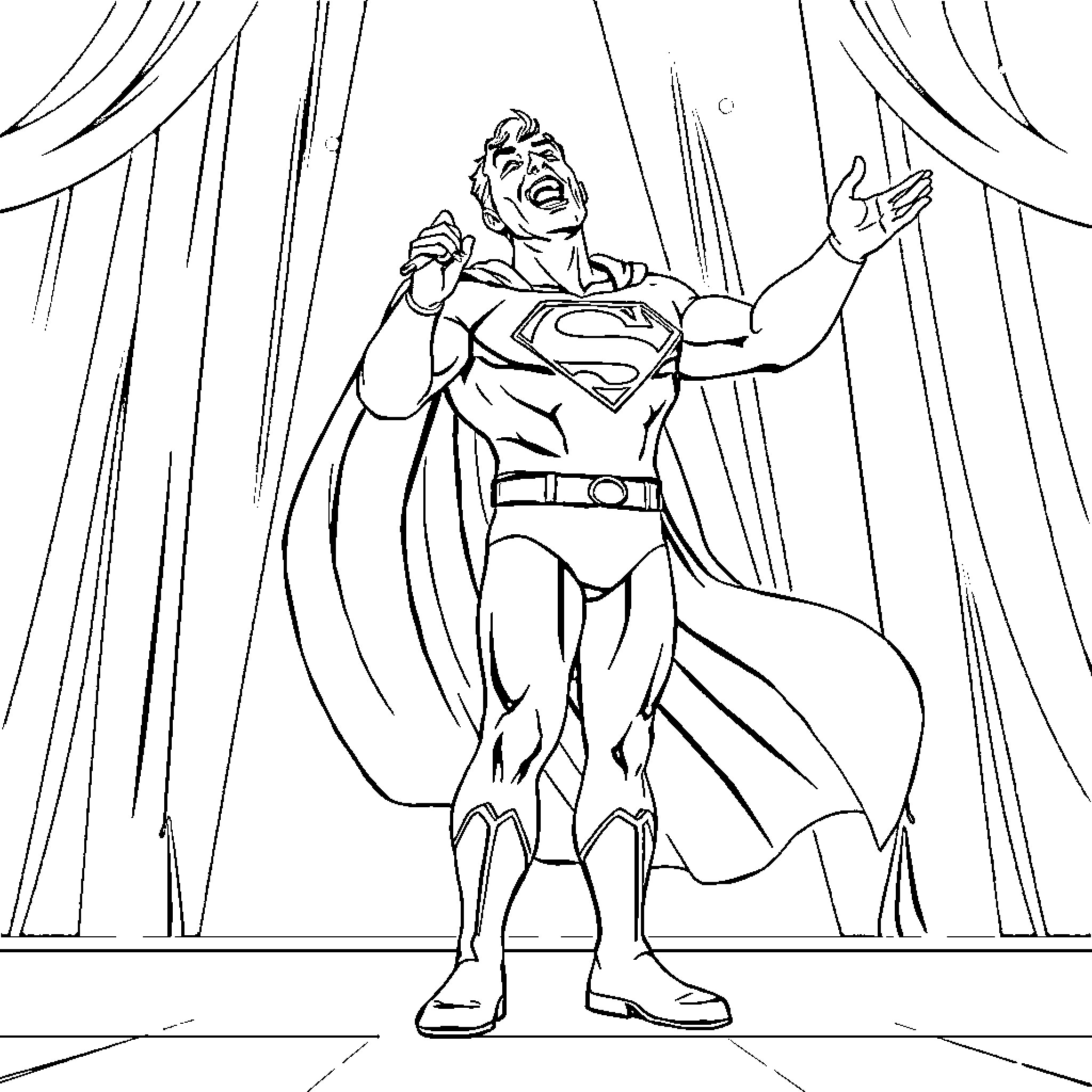 Superman triumphantly takes the stage Coloring Page (free black-and-white line drawing printable PDF for all, from beginners to advanced learners, including children, teens, adults, and seniors)