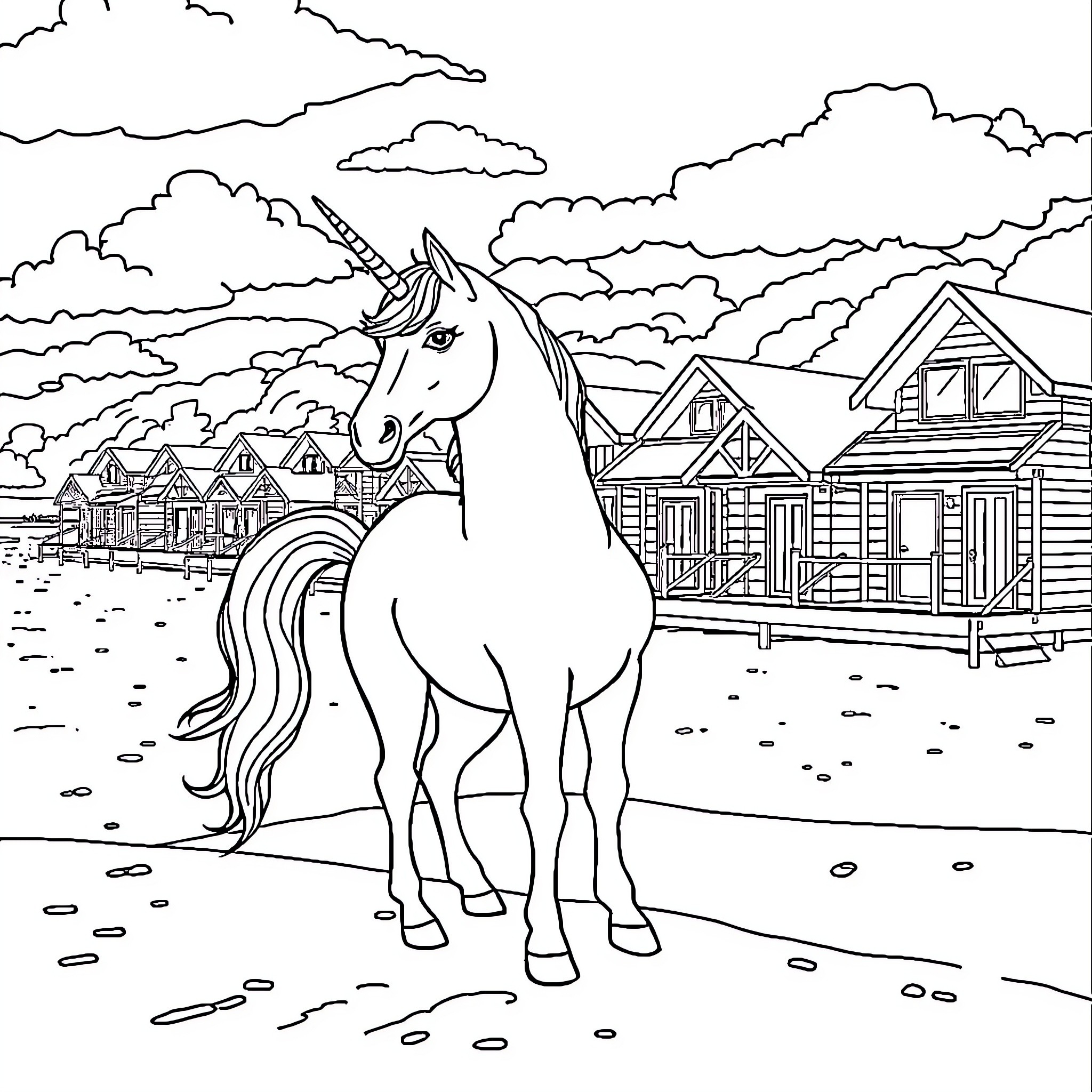 Unicorn standing majestically in a quaint village Coloring Page (free black-and-white line drawing printable PDF for all, from beginners to advanced learners, including children, teens, adults, and seniors)