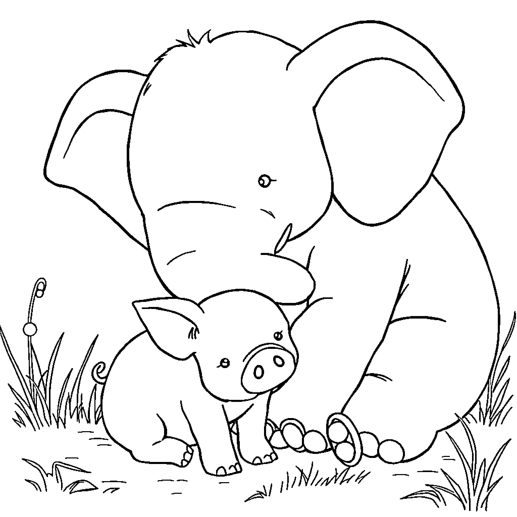 Pig and Piglet Enjoying Nature Coloring Page (free black-and-white line drawing printable PDF for all, from beginners to advanced learners, including children, teens, adults, and seniors)