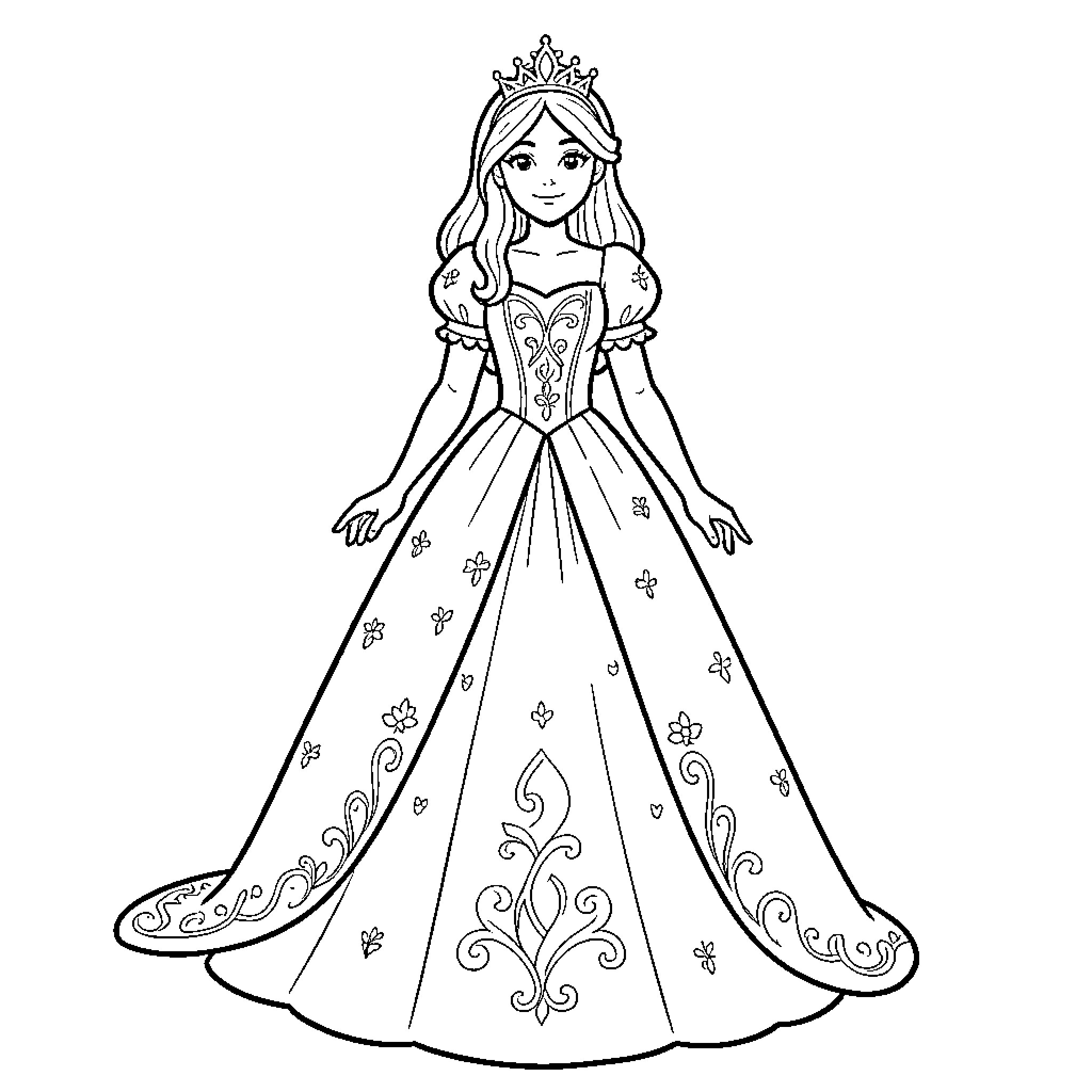 Princess wearing a gown and a crown Coloring Page (free black-and-white line drawing printable PDF for all, from beginners to advanced learners, including children, teens, adults, and seniors)