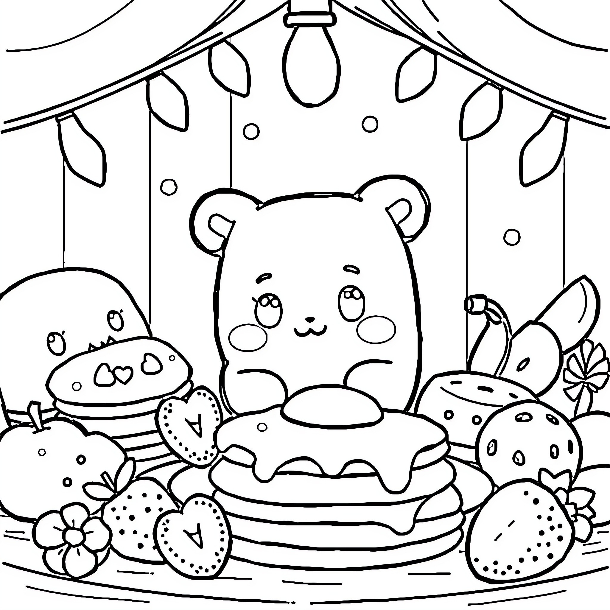 Squishmallow dessert party under string lights Coloring Page (free black-and-white line drawing printable PDF for all, from beginners to advanced learners, including children, teens, adults, and seniors)