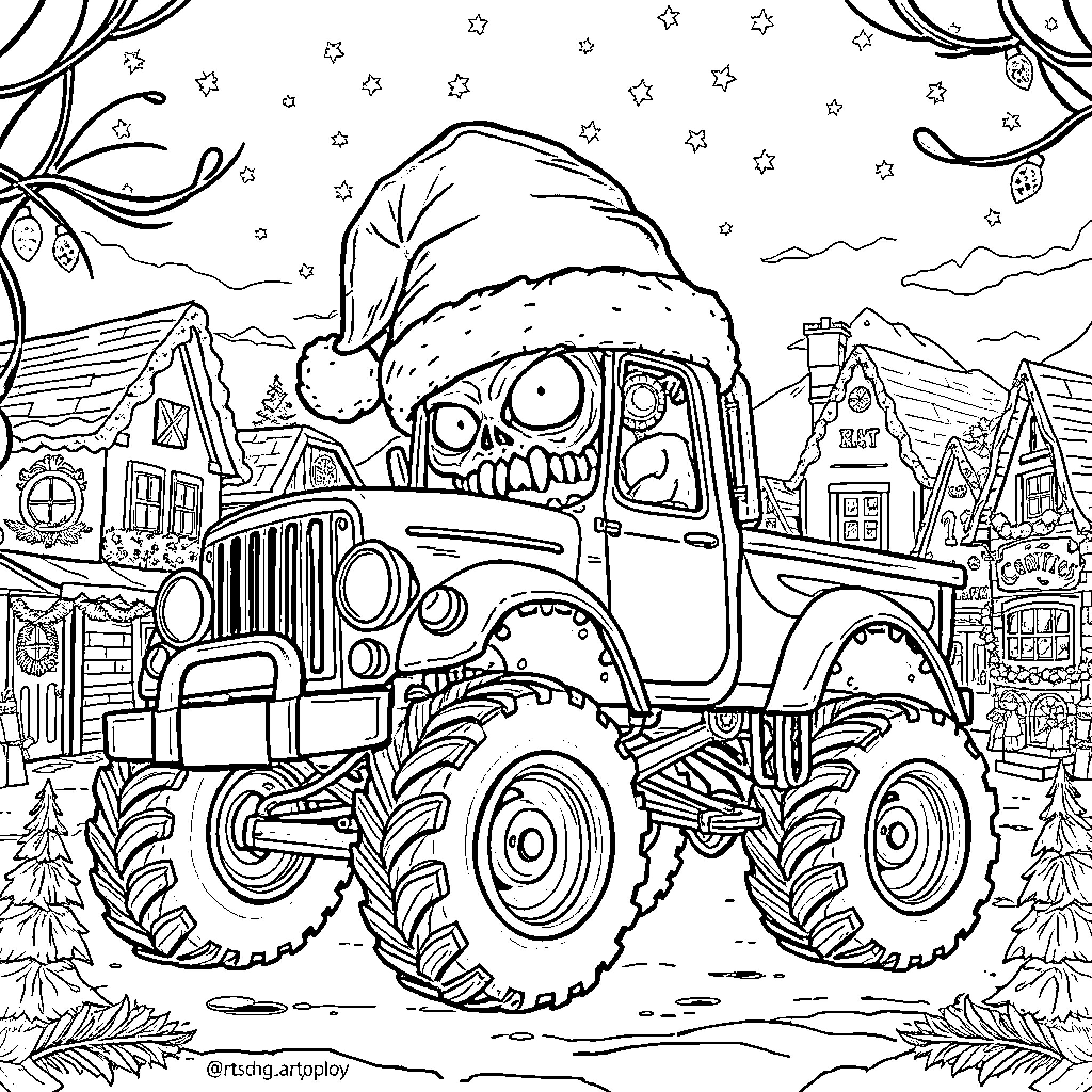 Zombie Monster Truck Driving Through Winter Wonderland Coloring Page (free black-and-white line drawing printable PDF for all, from beginners to advanced learners, including children, teens, adults, and seniors)
