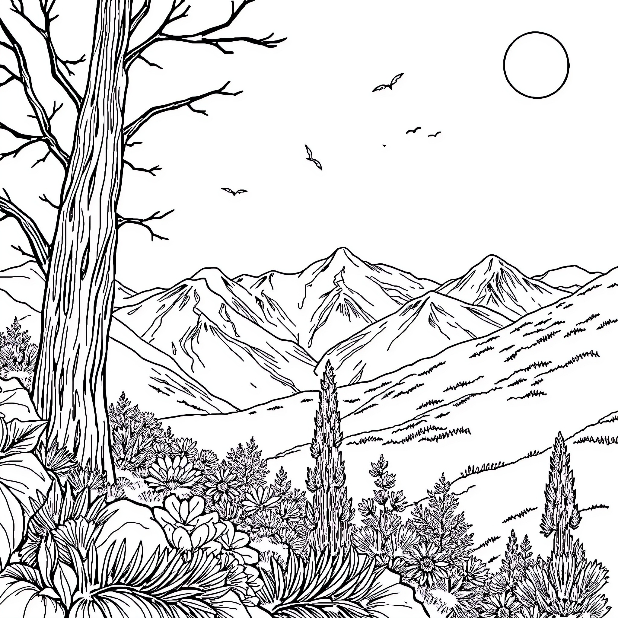 Letter A: Detailed Landscape with Mountain Peaks Coloring Page (free black-and-white line drawing printable PDF for all, from beginners to advanced learners, including children, teens, adults, and seniors)