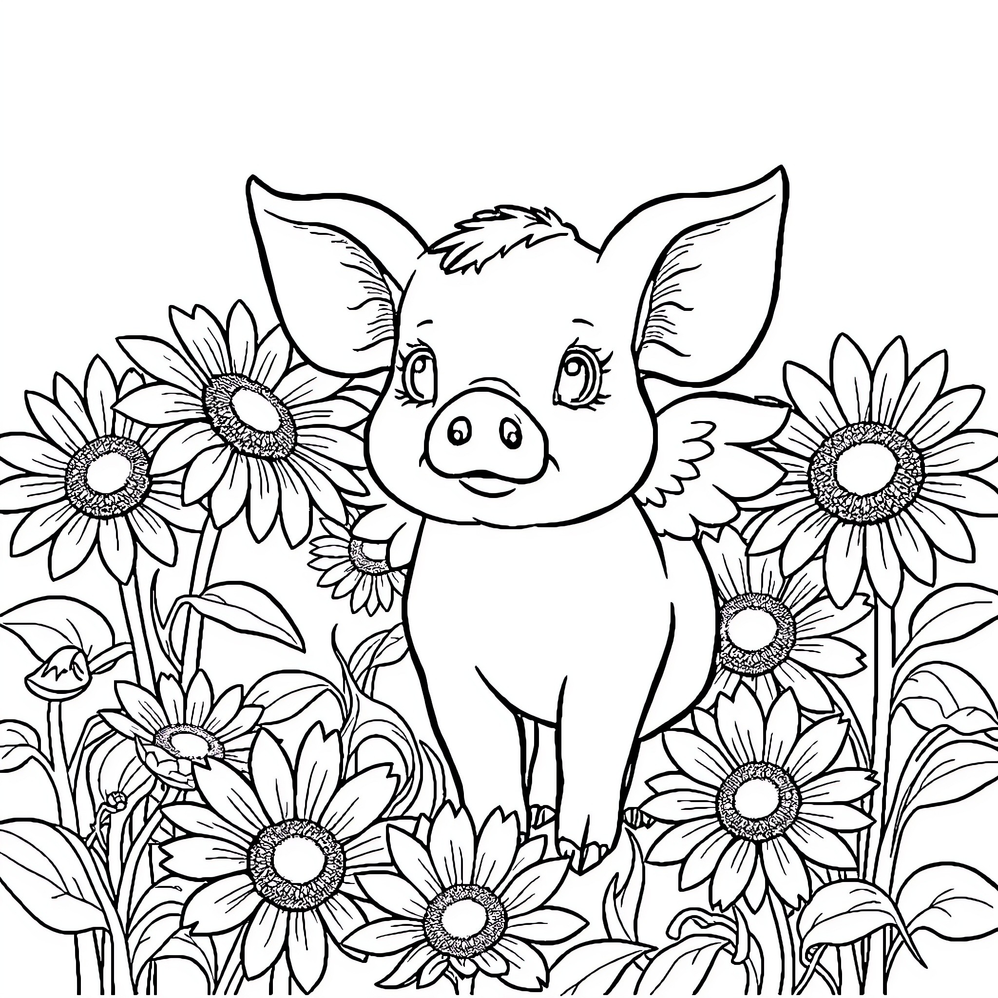 Pig surrounded by cheerful sunflowers Coloring Page (free black-and-white line drawing printable PDF for all, from beginners to advanced learners, including children, teens, adults, and seniors)