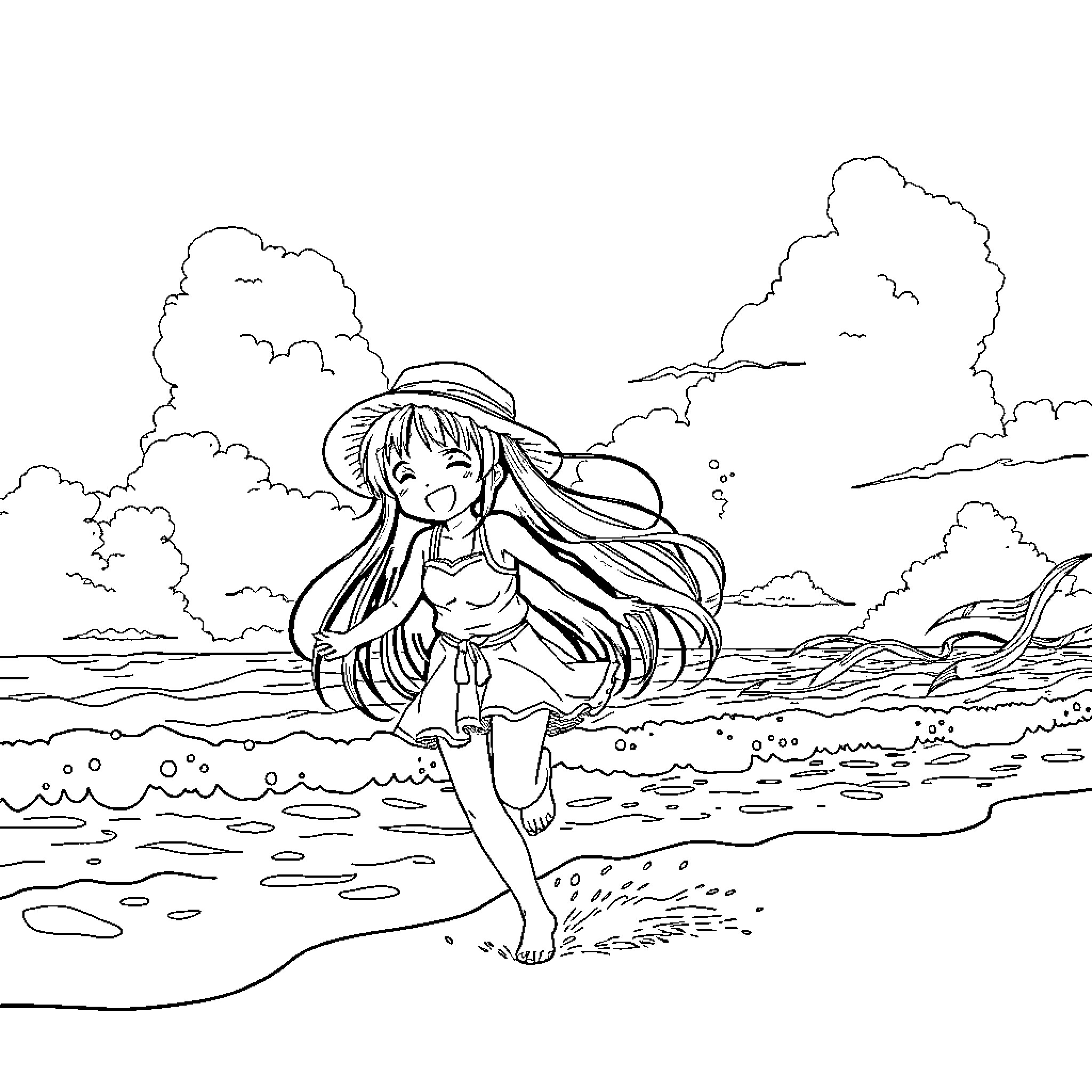 Anime Girl enjoying the Beach Scenery Coloring Page (free black-and-white line drawing printable PDF for all, from beginners to advanced learners, including children, teens, adults, and seniors)