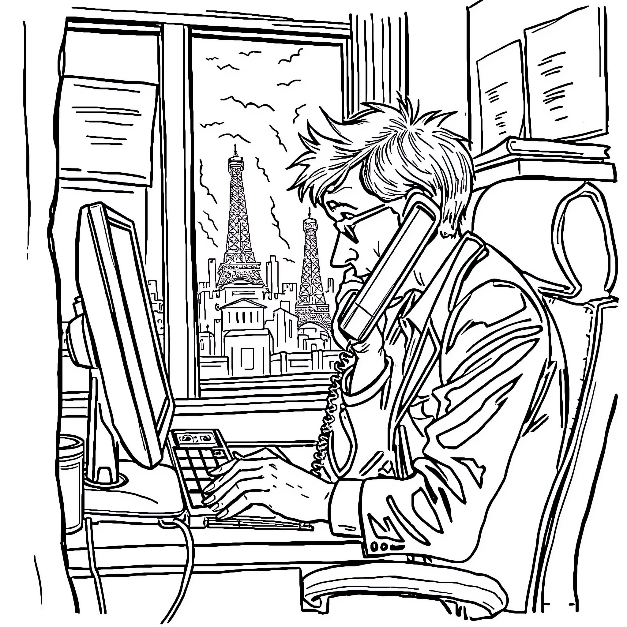 Press Officer Reporting News from the City Coloring Page (free black-and-white line drawing printable PDF for all, from beginners to advanced learners, including children, teens, adults, and seniors)