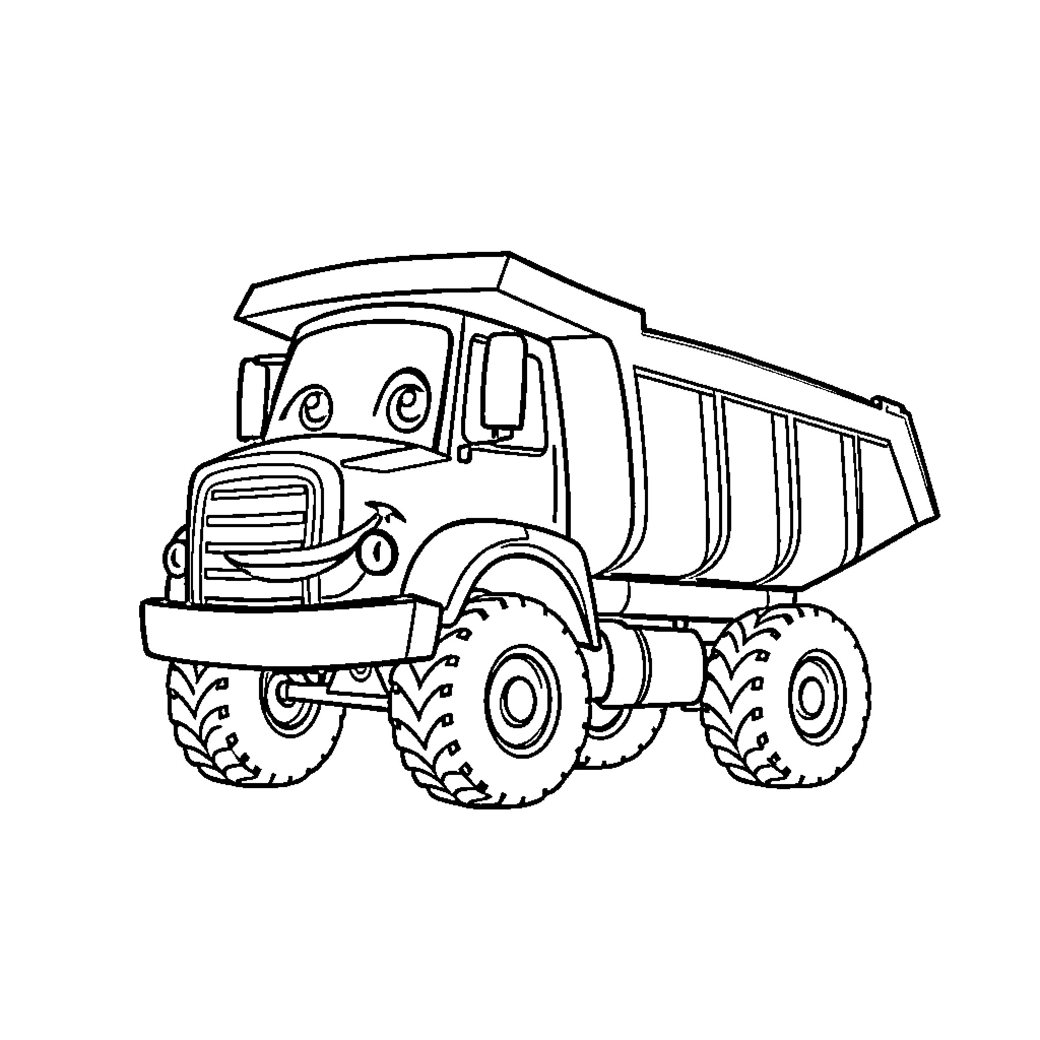 Dump Truck carrying heavy load on construction site Coloring Page (free black-and-white line drawing printable PDF for all, from beginners to advanced learners, including children, teens, adults, and seniors)