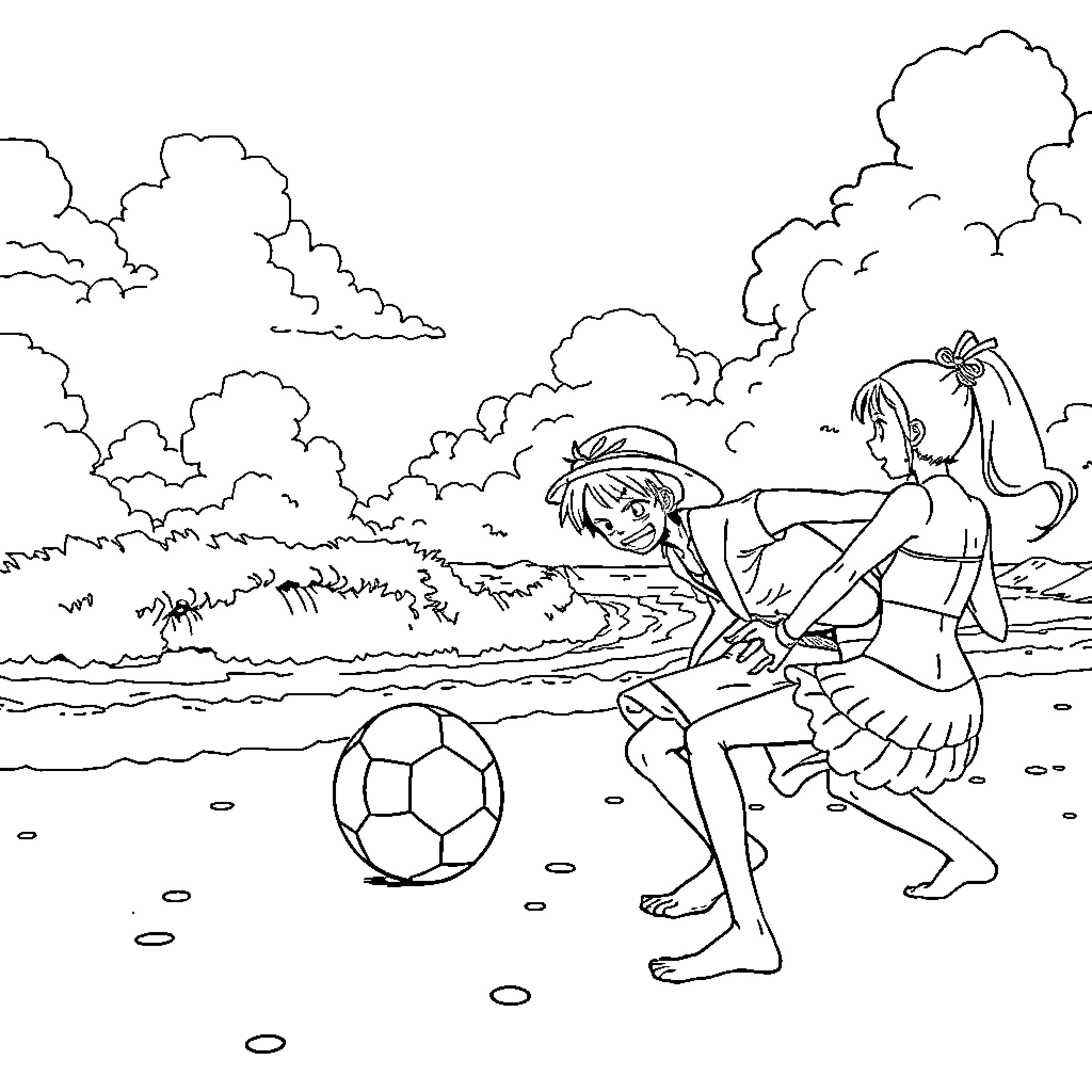 One Piece: Young Adventurers at the Beach Coloring Page (free black-and-white line drawing printable PDF for all, from beginners to advanced learners, including children, teens, adults, and seniors)