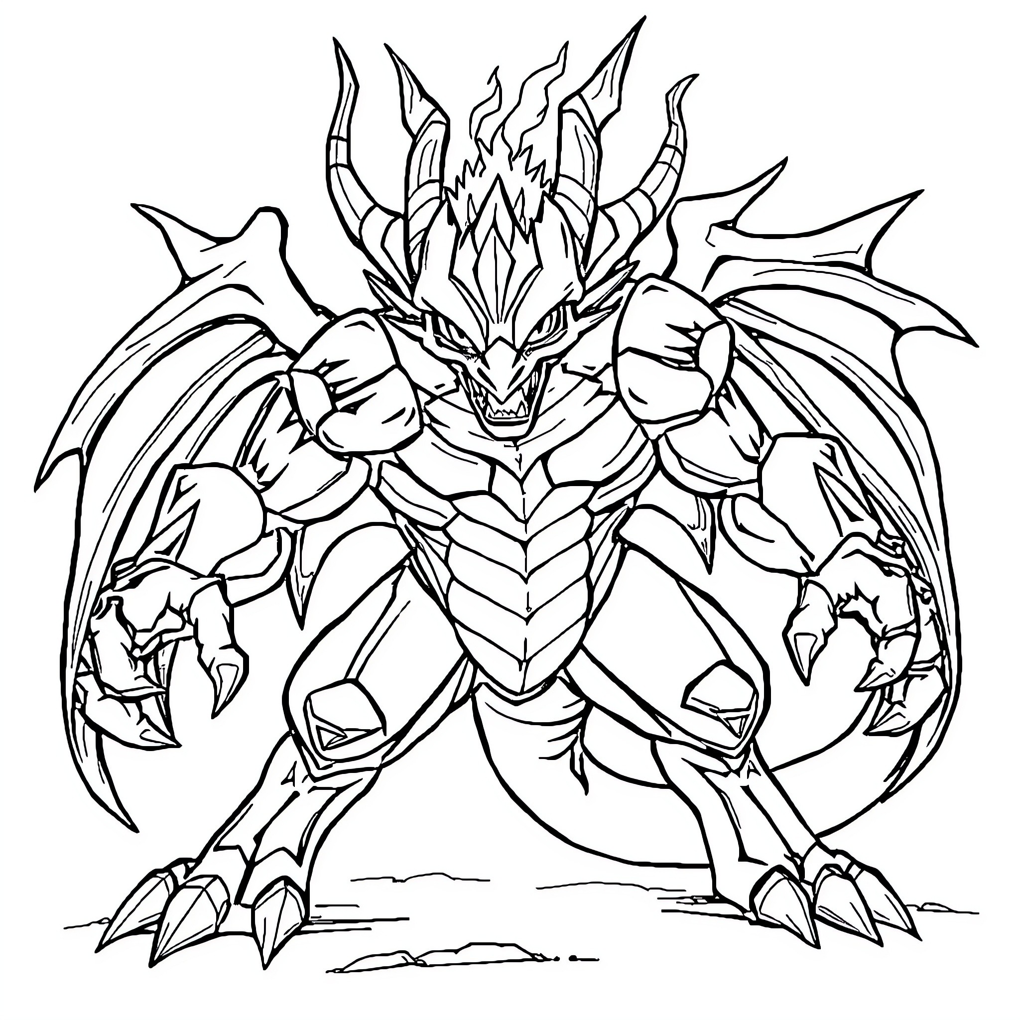 Greymon battling with fiery power and dragon-like features Coloring Page (free black-and-white line drawing printable PDF for all, from beginners to advanced learners, including children, teens, adults, and seniors)