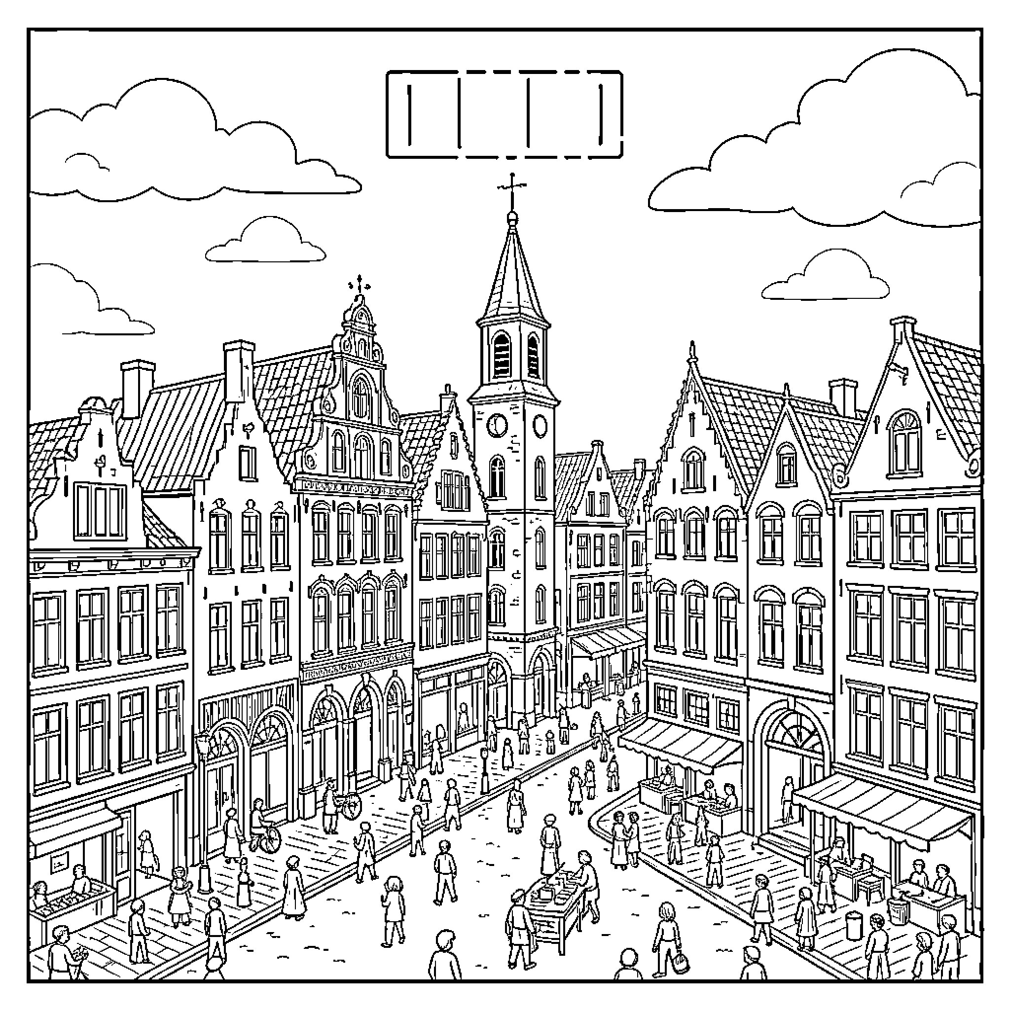 Kortrijk people walking and shopping in a city square Coloring Page (free black-and-white line drawing printable PDF for all, from beginners to advanced learners, including children, teens, adults, and seniors)