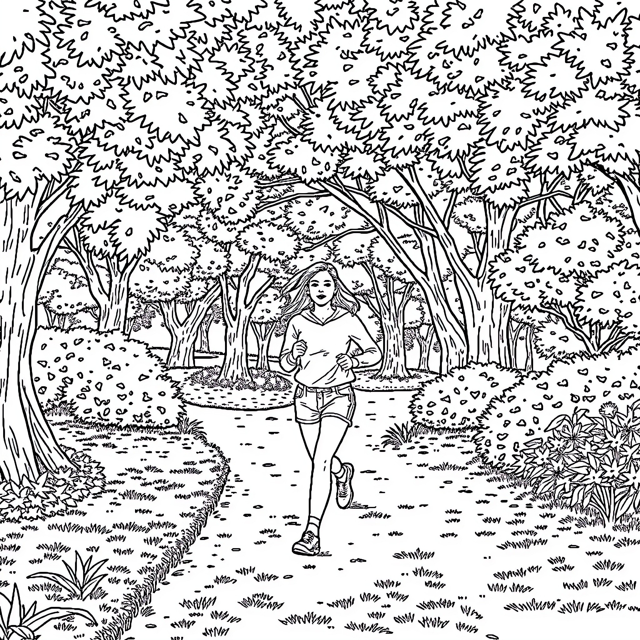 Woman walking peacefully through nature Coloring Page (free black-and-white line drawing printable PDF for all, from beginners to advanced learners, including children, teens, adults, and seniors)