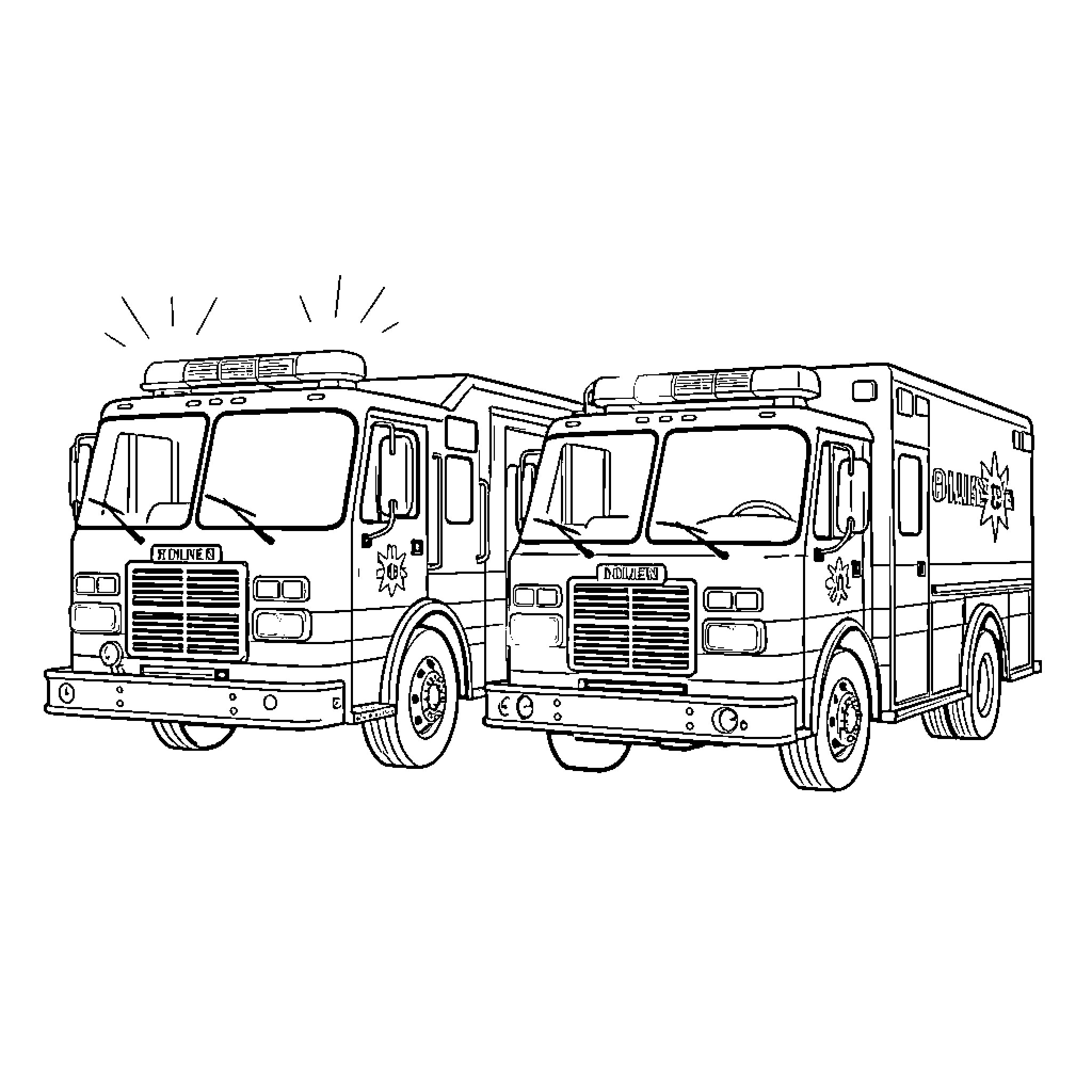 Fire Truck with flashing lights driving together Coloring Page (free black-and-white line drawing printable PDF for all, from beginners to advanced learners, including children, teens, adults, and seniors)