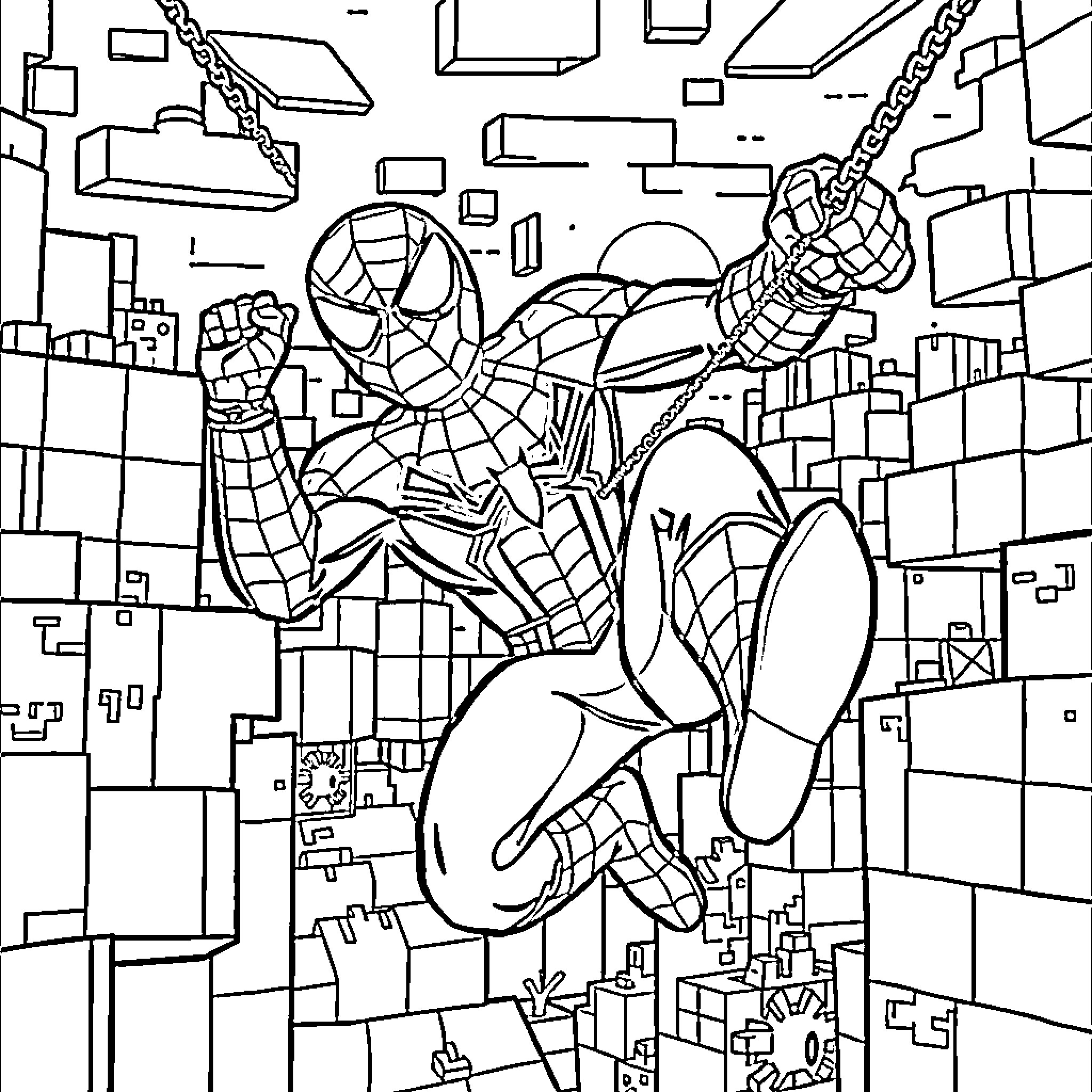 Spiderman swinging through a cityscape Coloring Page (free black-and-white line drawing printable PDF for all, from beginners to advanced learners, including children, teens, adults, and seniors)