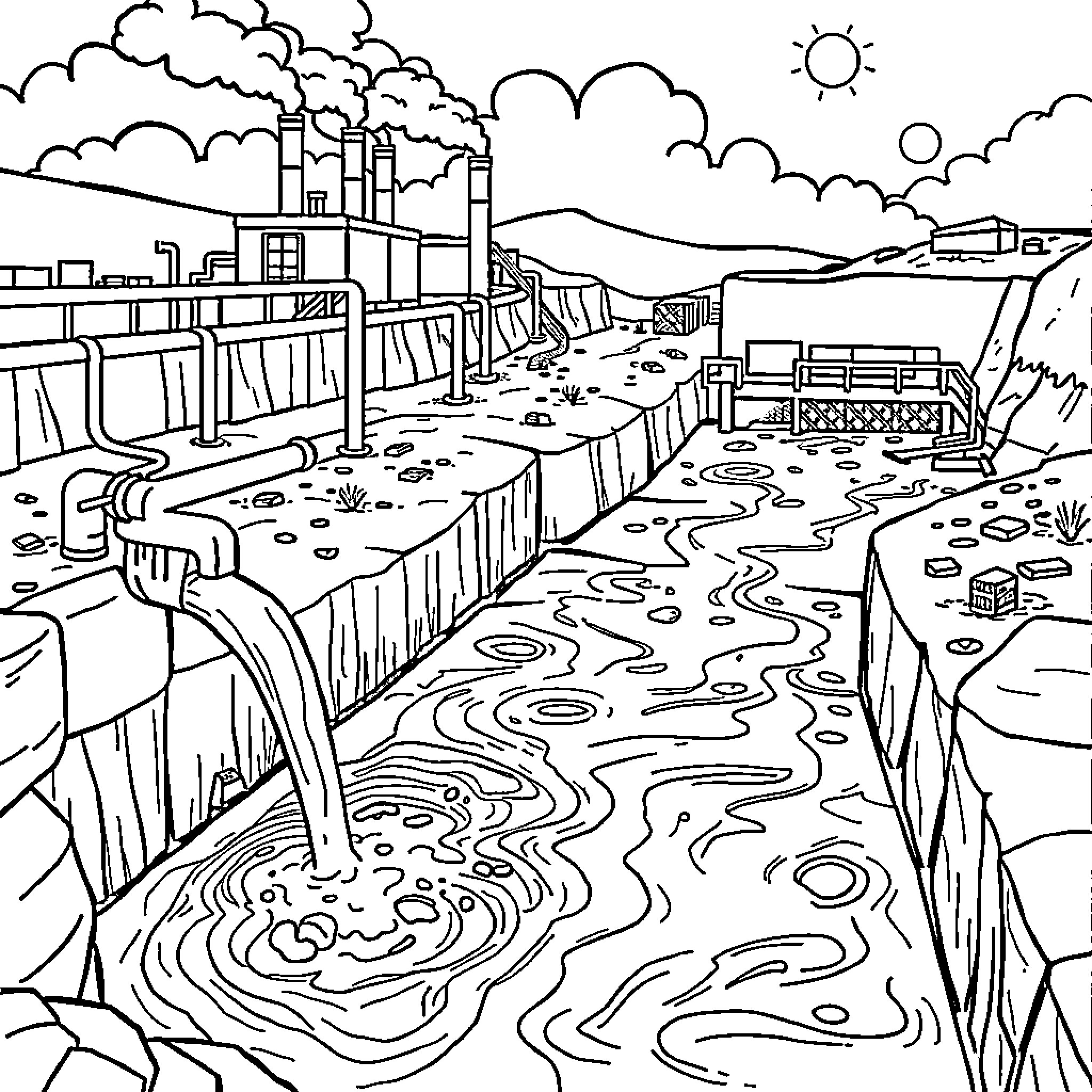 Wastewater Treatment Plant with Pipes and Machinery Coloring Page (free black-and-white line drawing printable PDF for all, from beginners to advanced learners, including children, teens, adults, and seniors)