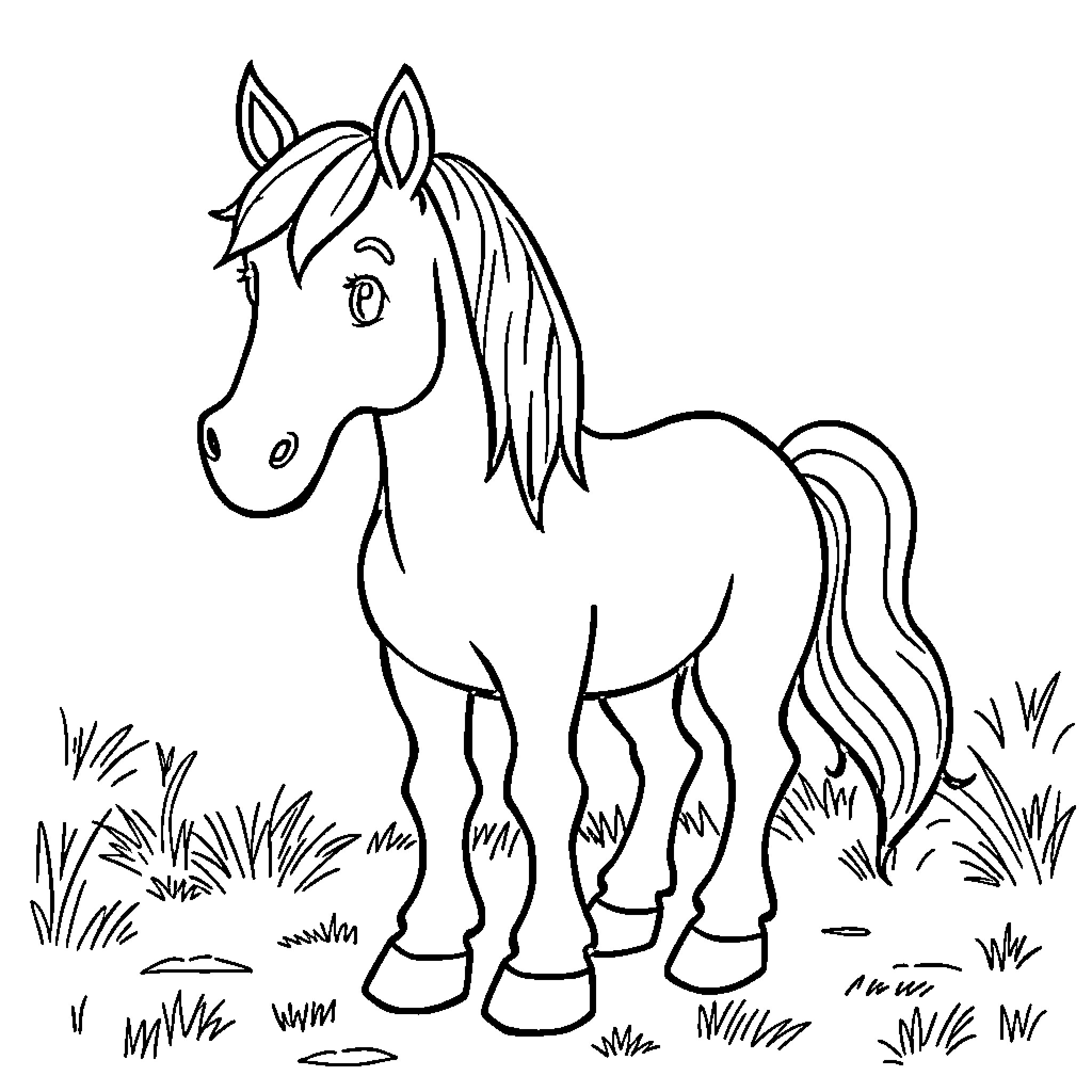 Horse standing in field with grass Coloring Page (free black-and-white line drawing printable PDF for all, from beginners to advanced learners, including children, teens, adults, and seniors)