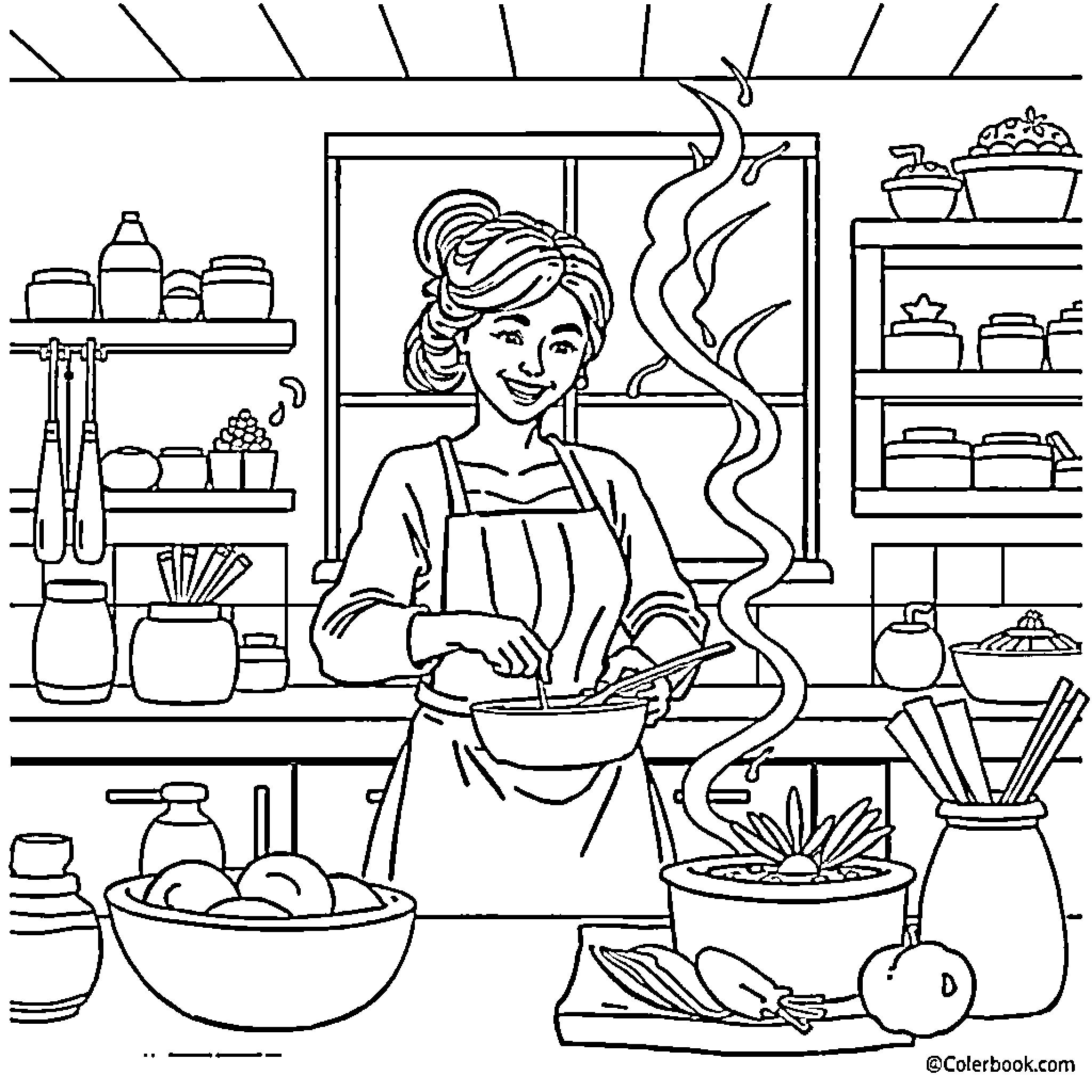 Mother Cooking a Meal in the Kitchen Coloring Page (free black-and-white line drawing printable PDF for all, from beginners to advanced learners, including children, teens, adults, and seniors)