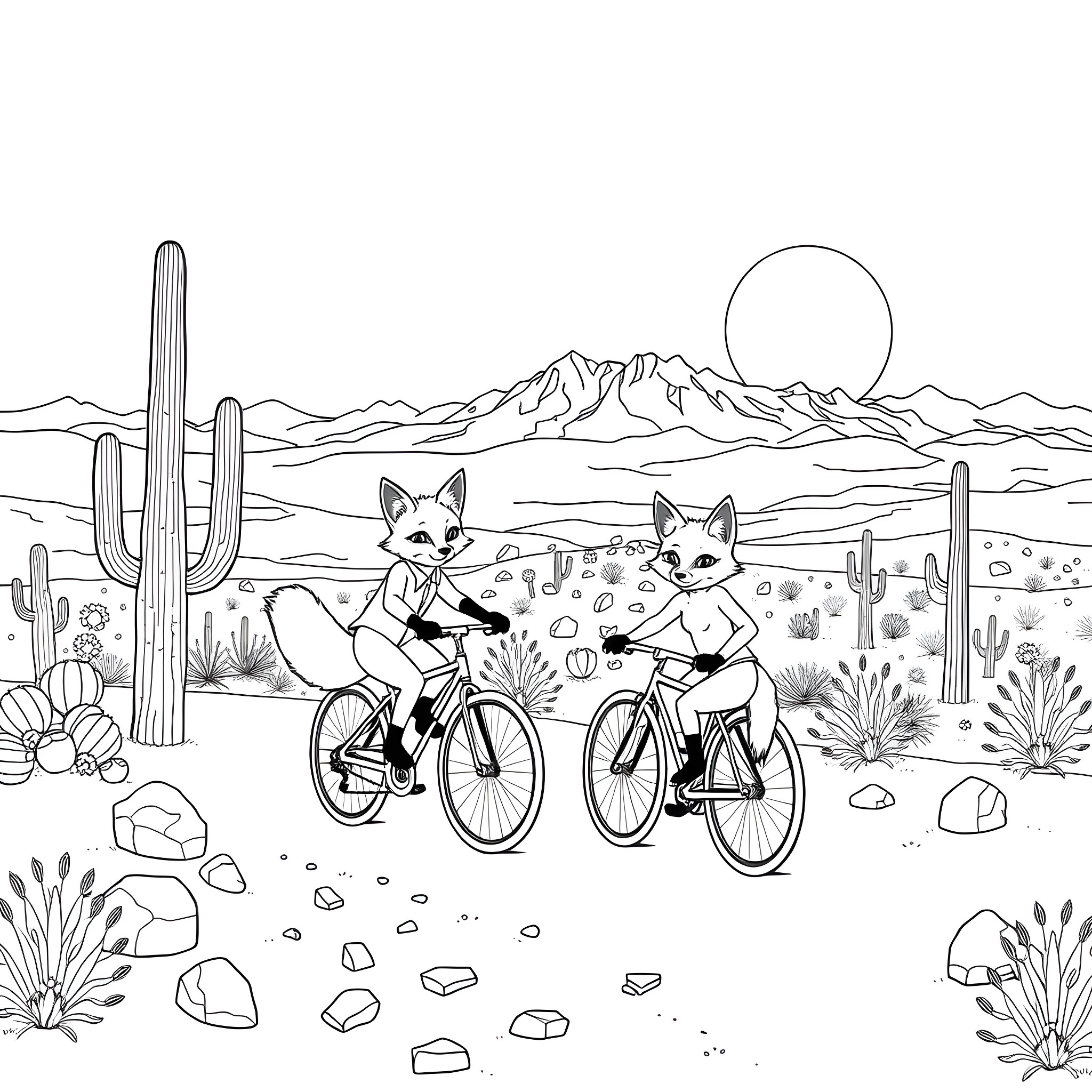 Foxes biking through the desert landscape Coloring Page (free black-and-white line drawing printable PDF for all, from beginners to advanced learners, including children, teens, adults, and seniors)