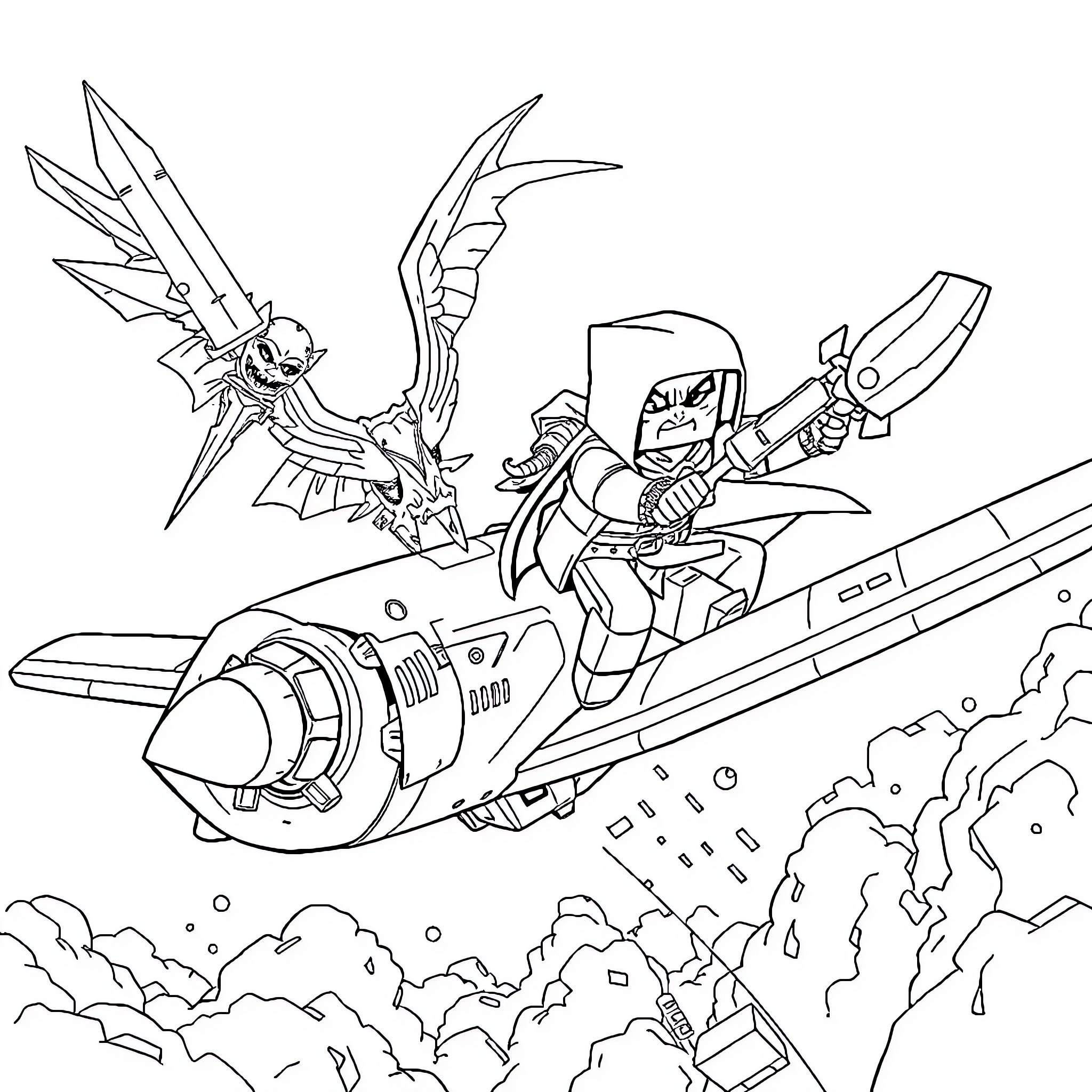 Warden Pilots Fight Futuristic Airborne Battle Coloring Page (free black-and-white line drawing printable PDF for all, from beginners to advanced learners, including children, teens, adults, and seniors)