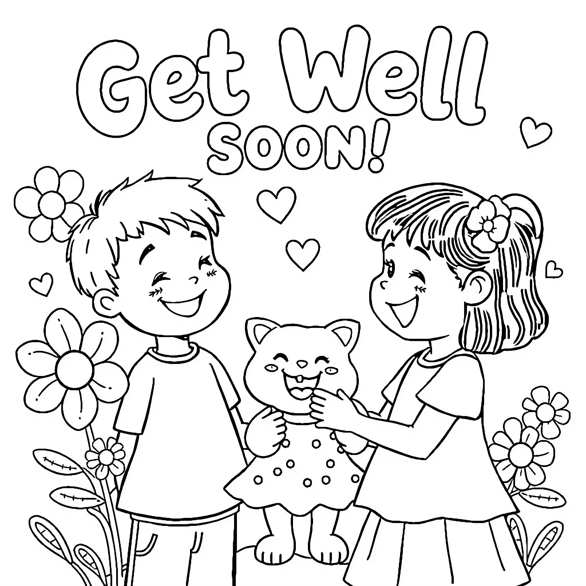 Kid holding flowers wishing Get Well Soon Coloring Page (free black-and-white line drawing printable PDF for all, from beginners to advanced learners, including children, teens, adults, and seniors)