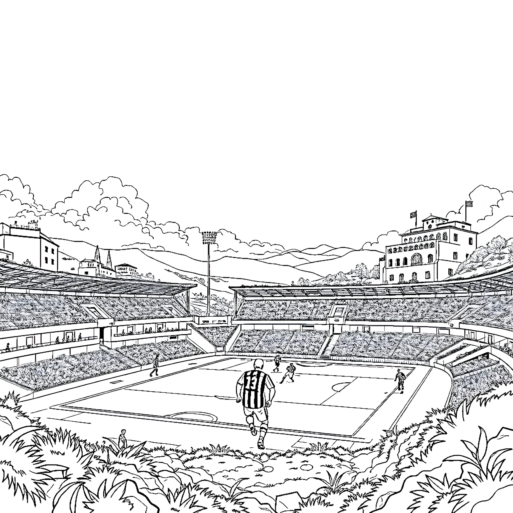 AC Milan team in action on the football field Coloring Page (free black-and-white line drawing printable PDF for all, from beginners to advanced learners, including children, teens, adults, and seniors)